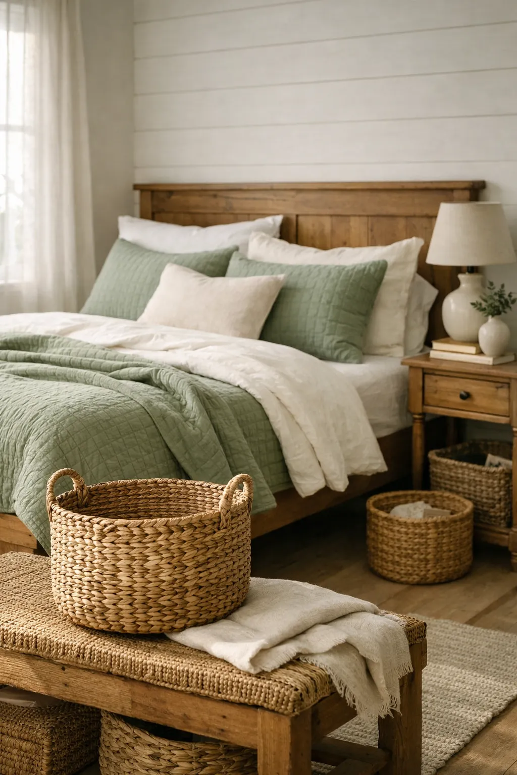 A farmhouse bedroom with sage green bedding, warm wood furniture, and vintage-inspired accents.