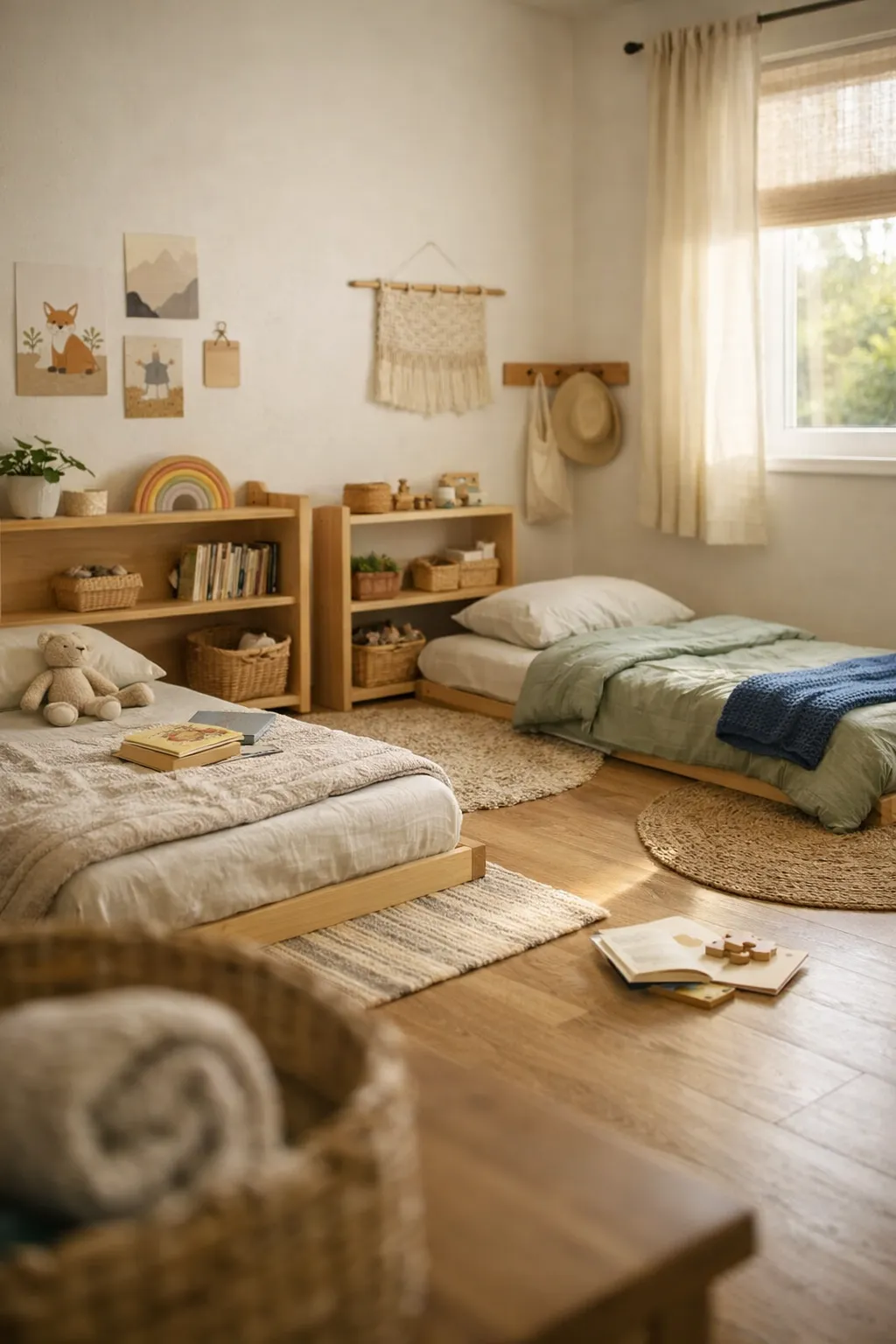 A compact shared Montessori bedroom with low beds, simple storage, and clearly defined child-friendly zones.