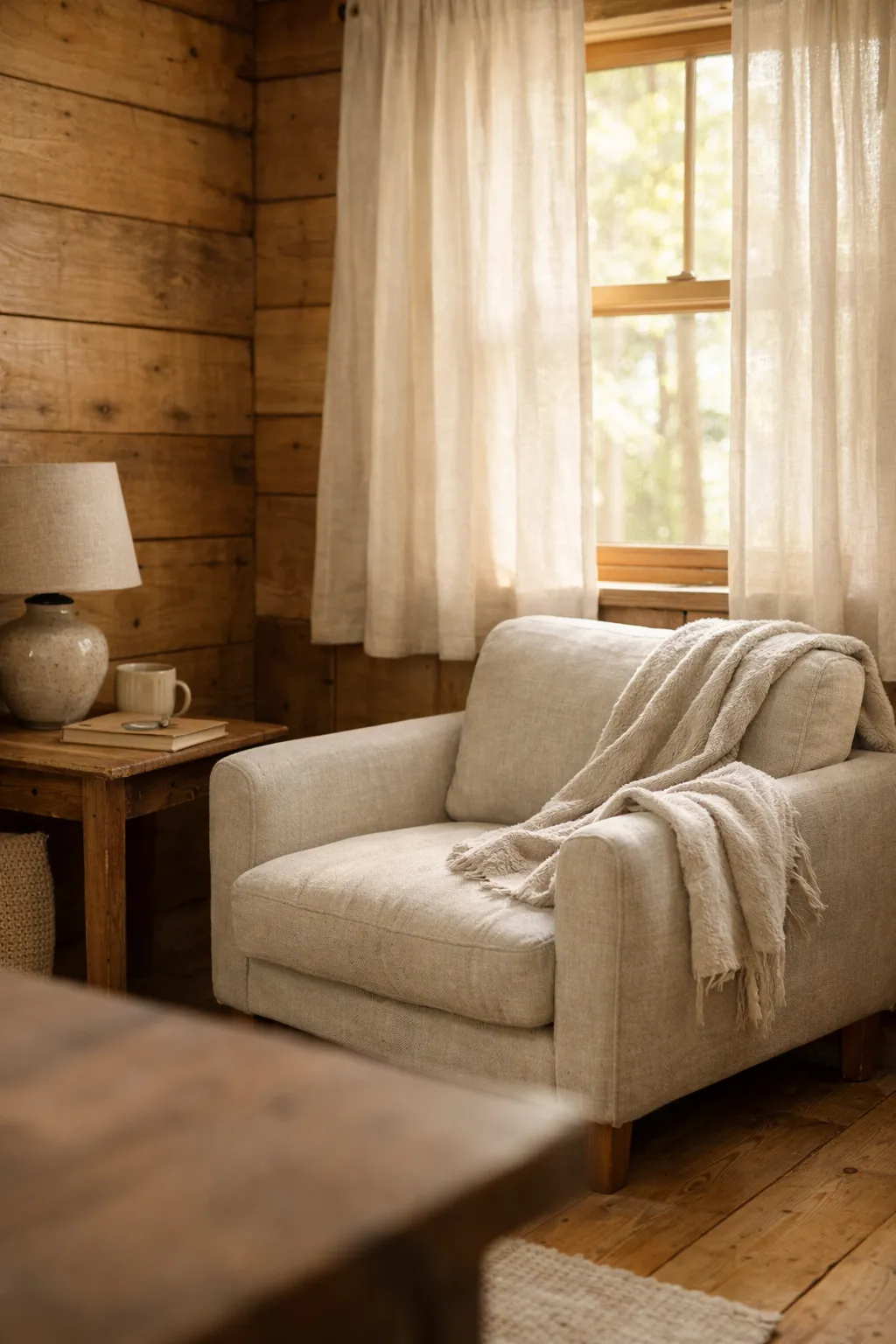 Small cabin room with soft linen curtains filtering daylight
