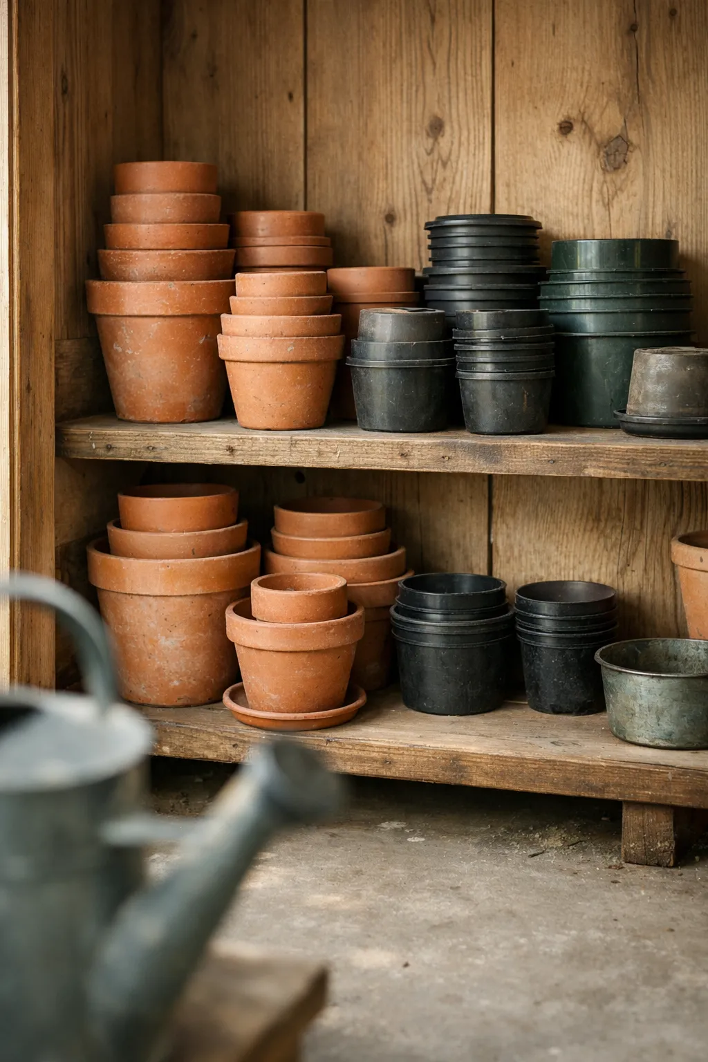 Garden pots stacked vertically on shed shelving to save space.