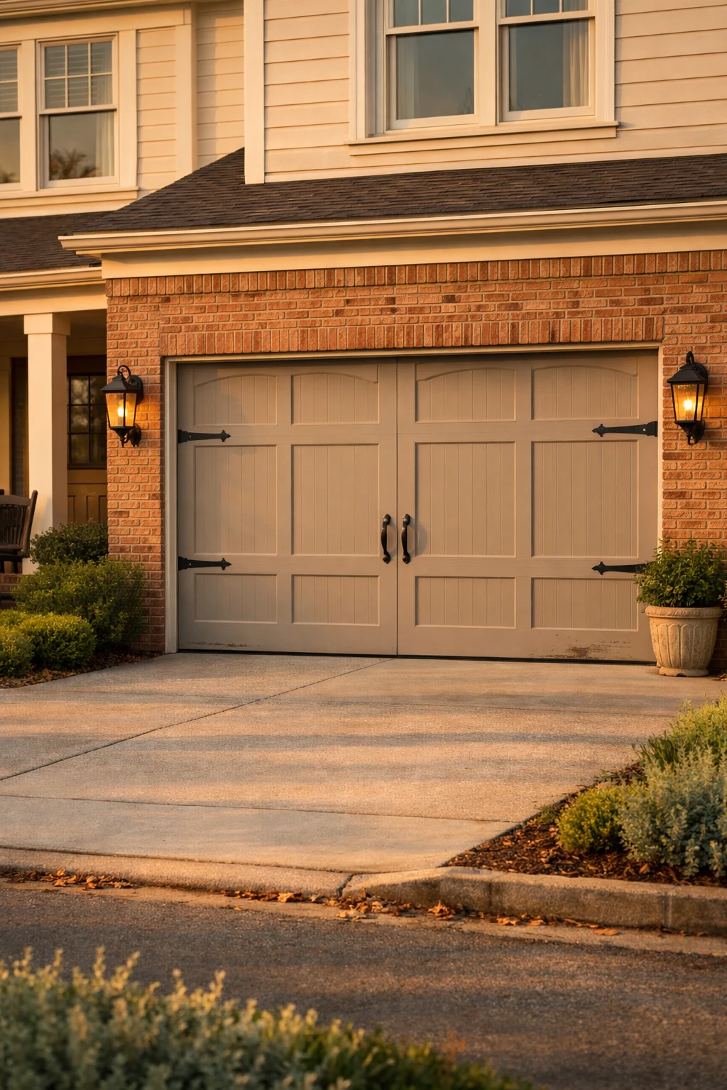 A traditional home with steel garage doors, black decorative hinges, and classic lantern lighting.