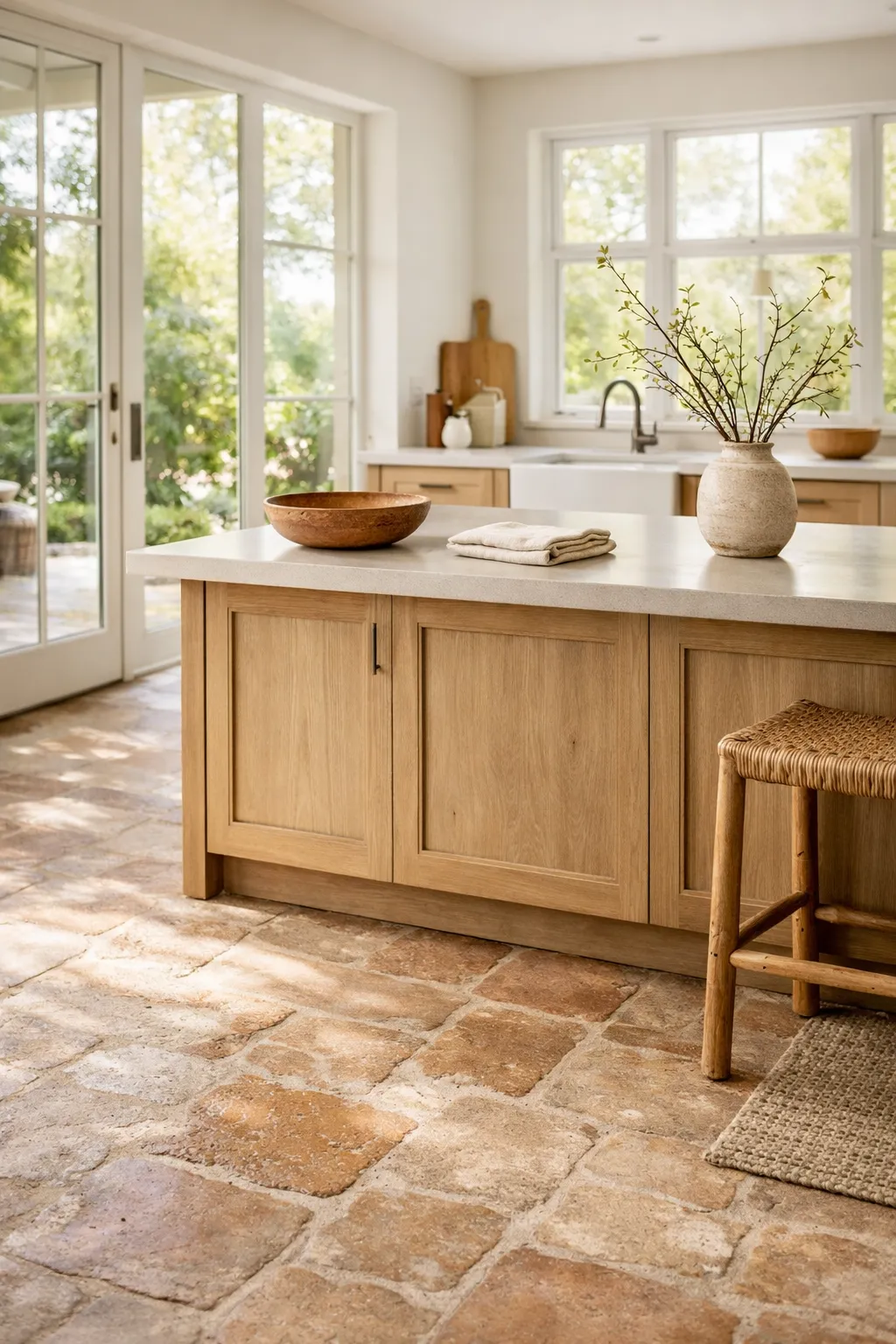 A bright kitchen with stone-style flooring, warm cabinets, soft daylight, and an earthy grounded feel.