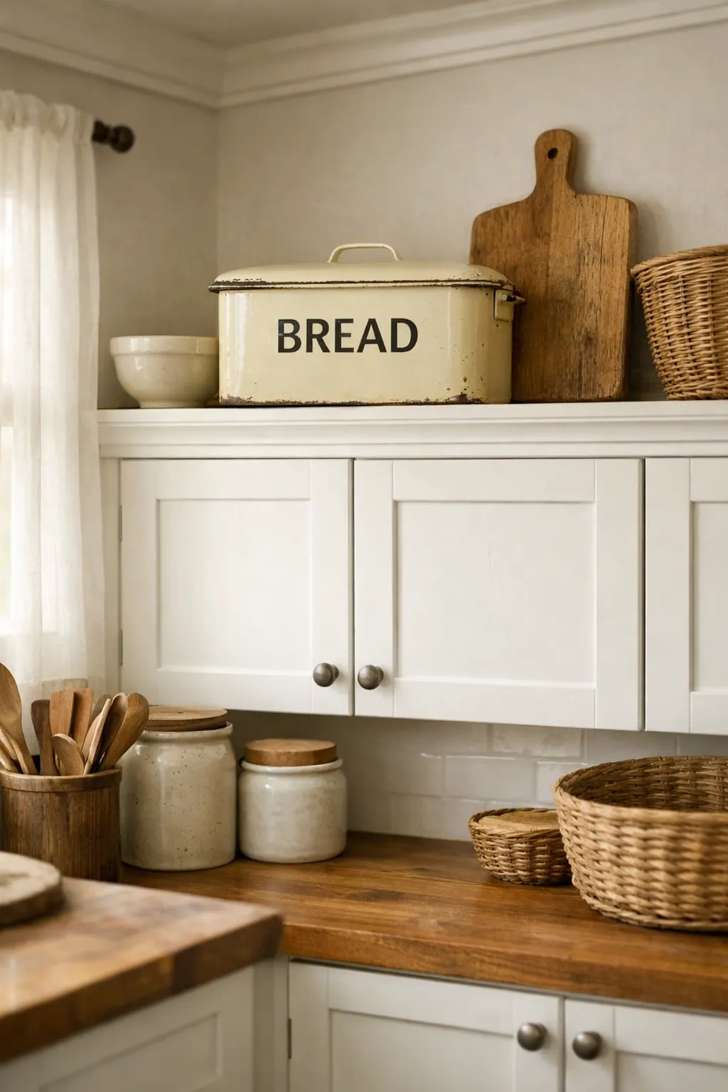 Vintage enamel bread box styled above kitchen cabinets in a farmhouse kitchen.