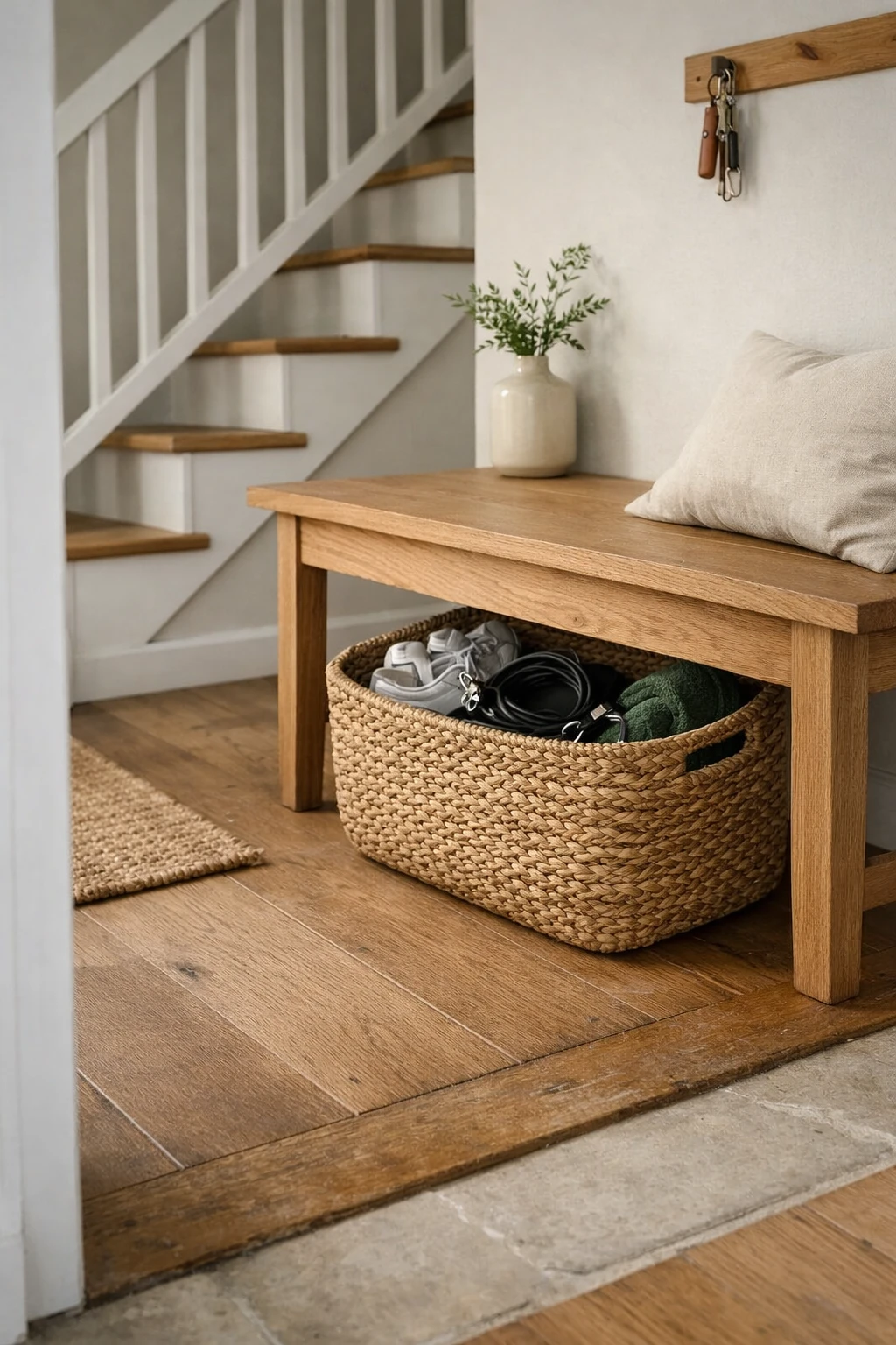 A narrow stair entryway using one woven basket neatly under a bench.