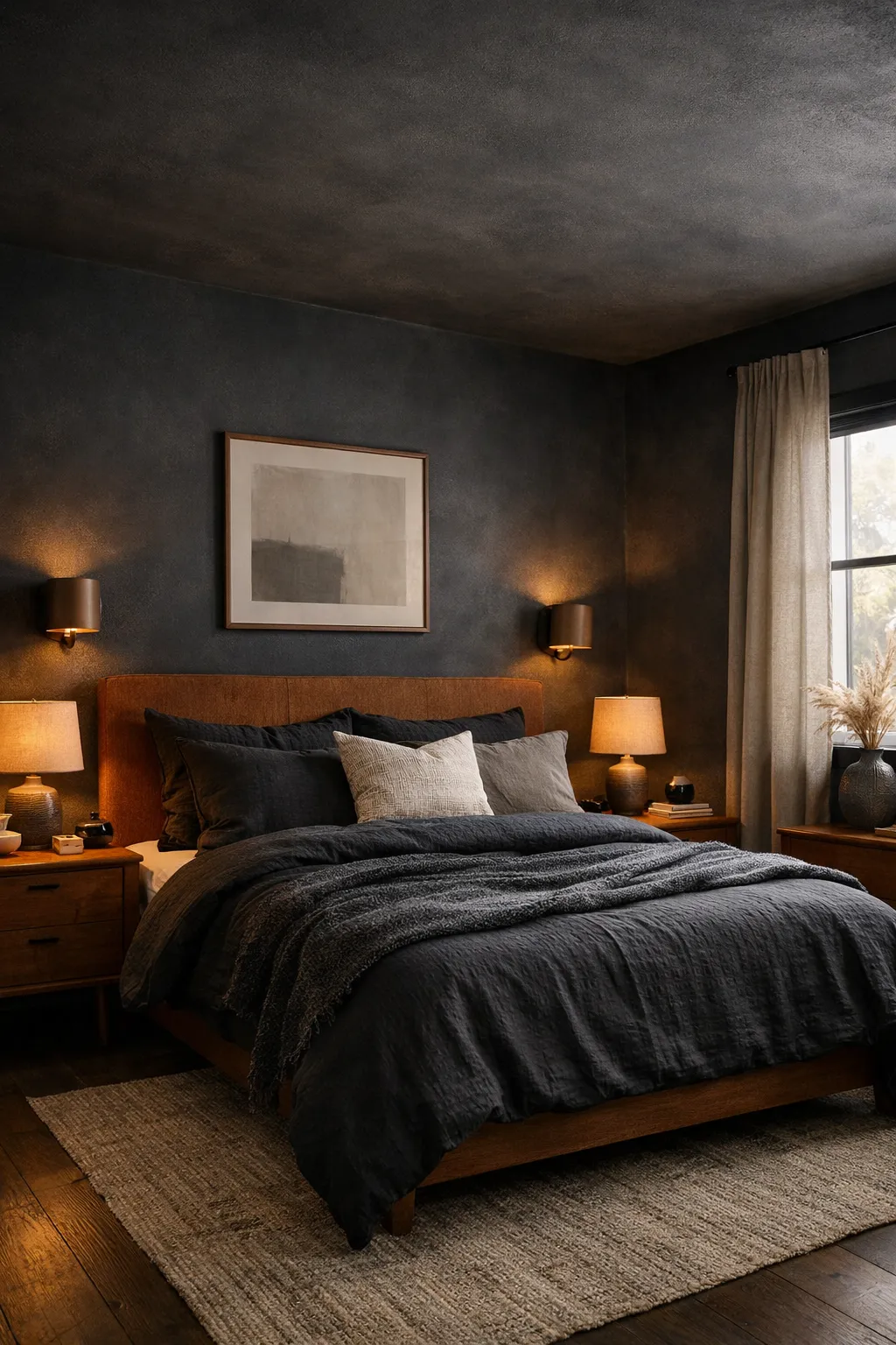 A moody bedroom with a black ceiling, layered lighting, and rich cozy decor.