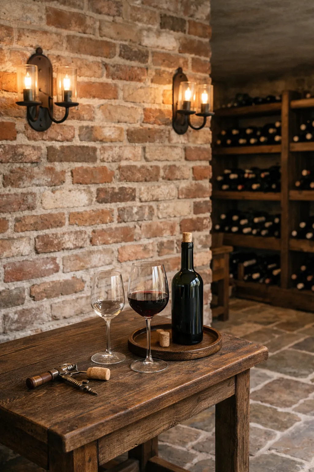 Wine cellar with exposed brick walls and dark wood racks.
