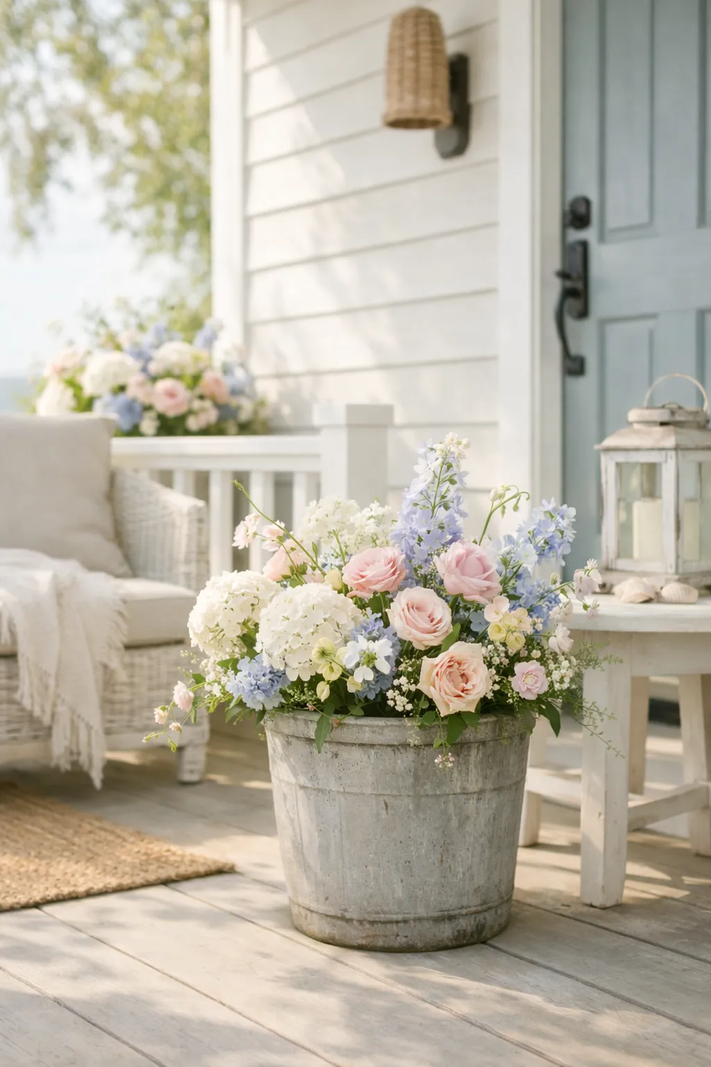 Soft-toned flowers bring a breezy coastal look to a light and relaxed front porch.