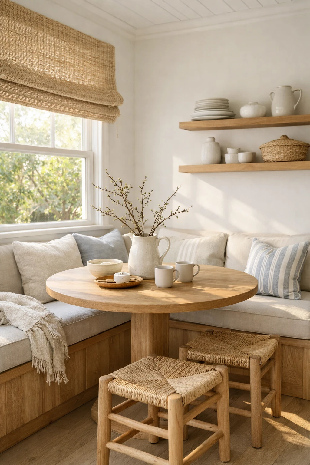 A relaxed coastal kitchen banquette with pale wood, soft blue-gray accents, and woven textures.