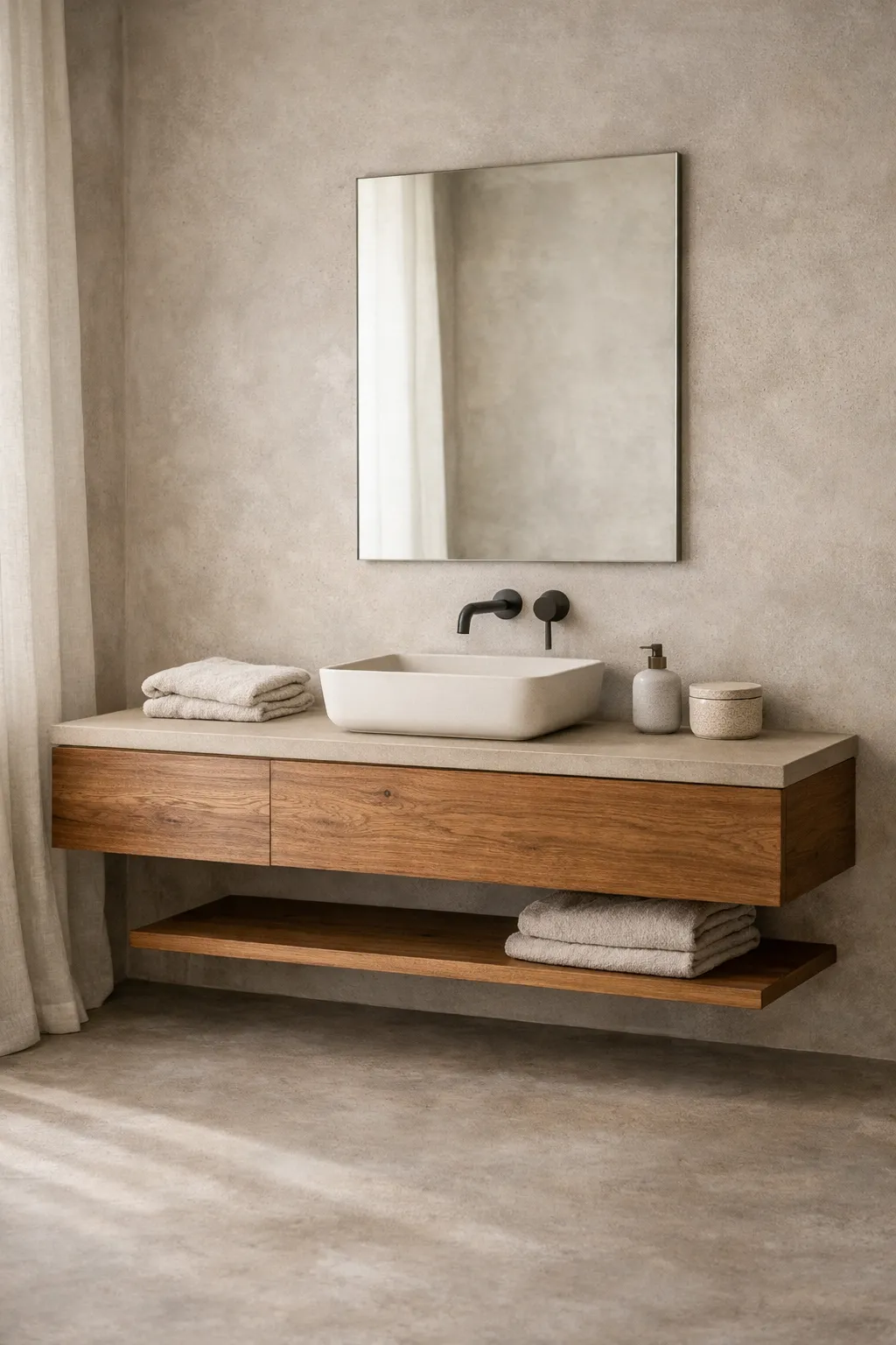 modern bathroom with concrete-look finishes softened by warm neutral materials.