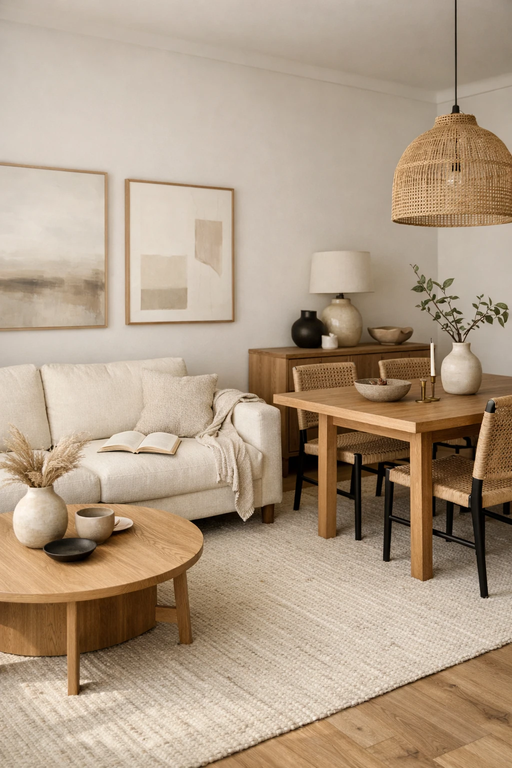 An open-plan living and dining room with a warm modern-organic style carried through both zones.