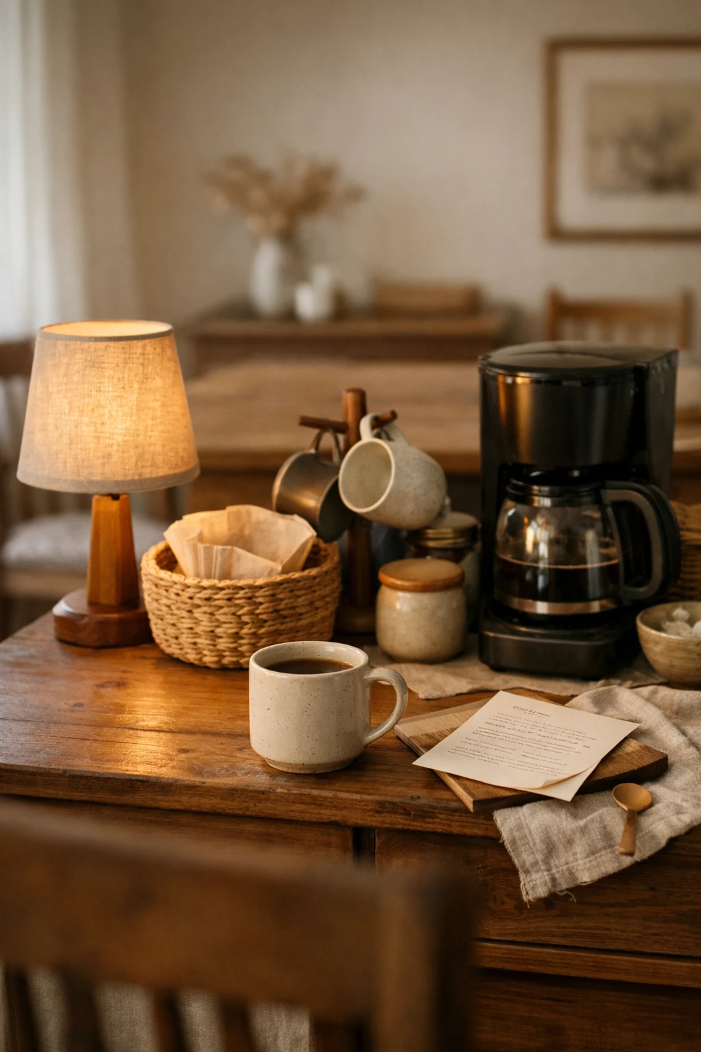A cozy coffee bar with a small lamp, warm ceramics, and soft evening-style home lighting.