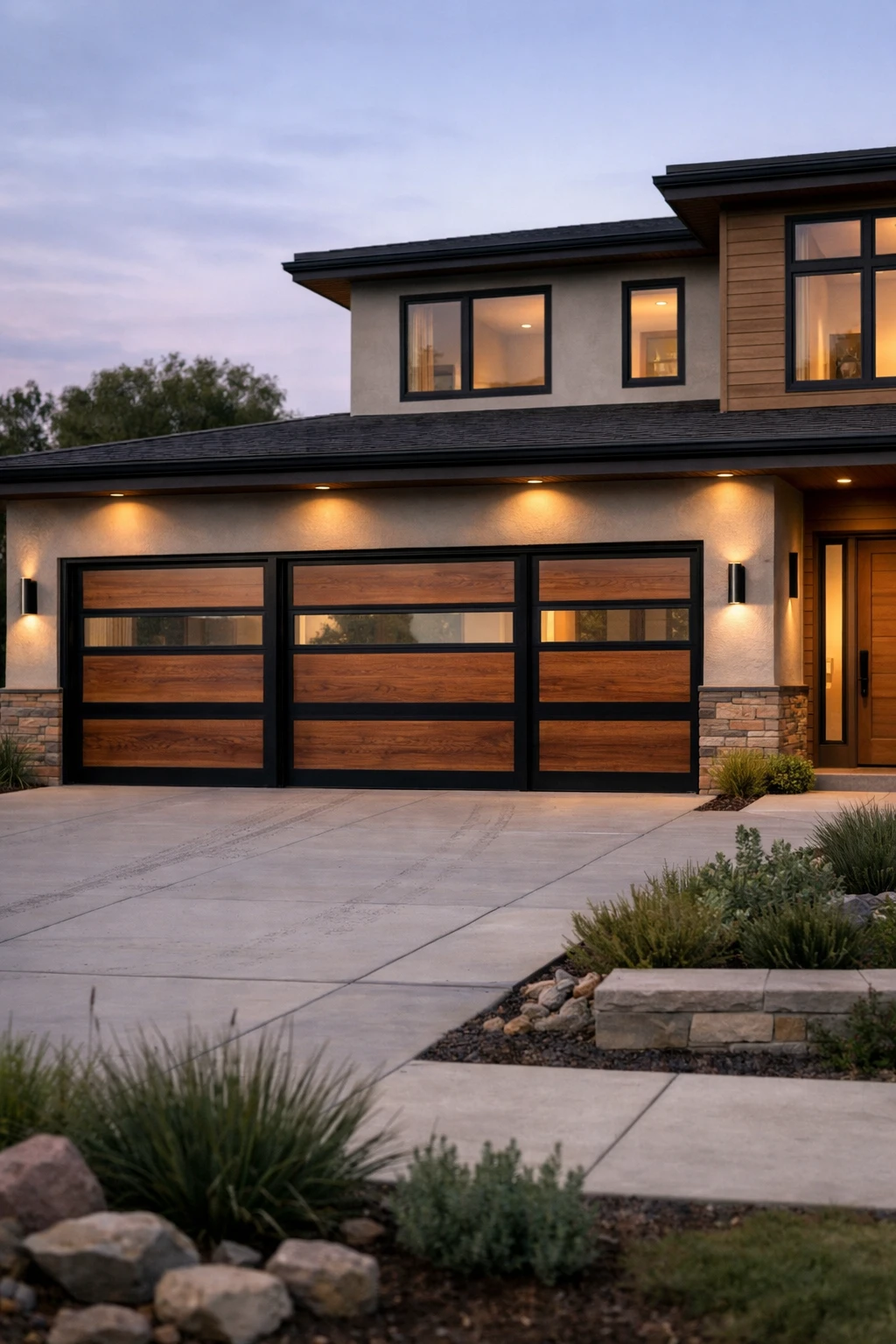 A high-end modern home with mixed-material garage doors combining wood, metal, and glass.