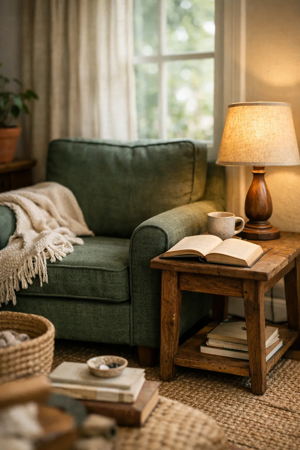 Cozy reading corner with a deep green armchair and warm lighting.