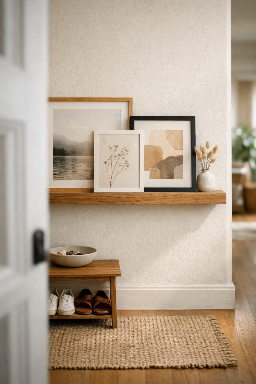 A home entrance with a picture ledge holding layered frames and simple decor.