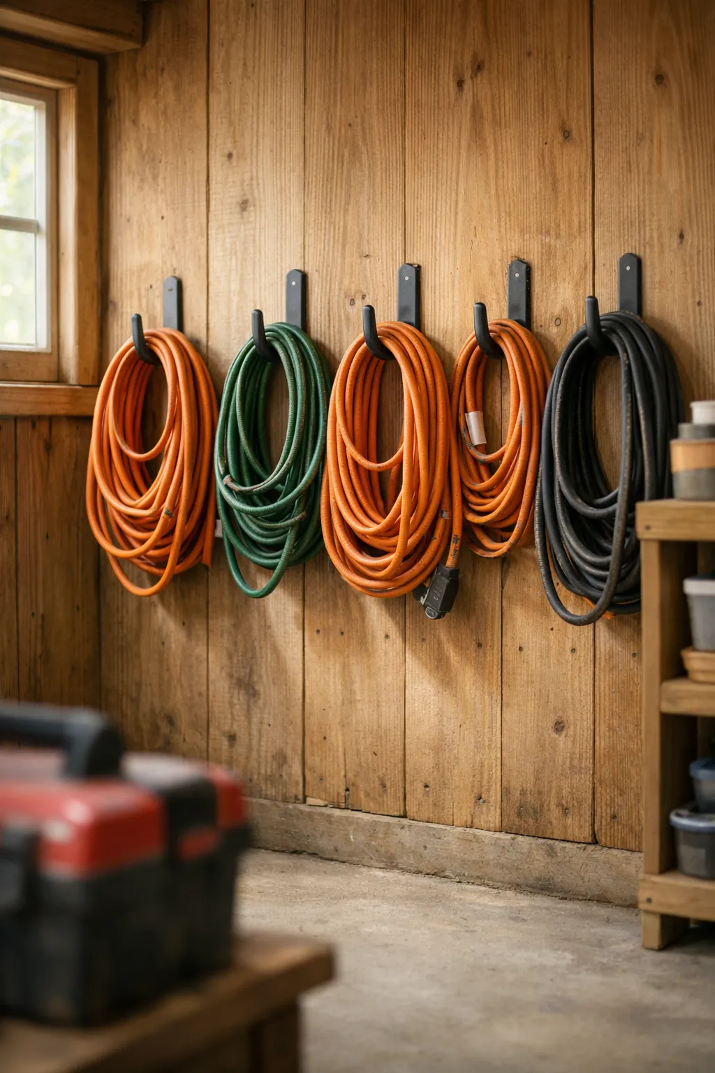 Extension cords neatly coiled and hung on large wall hooks.