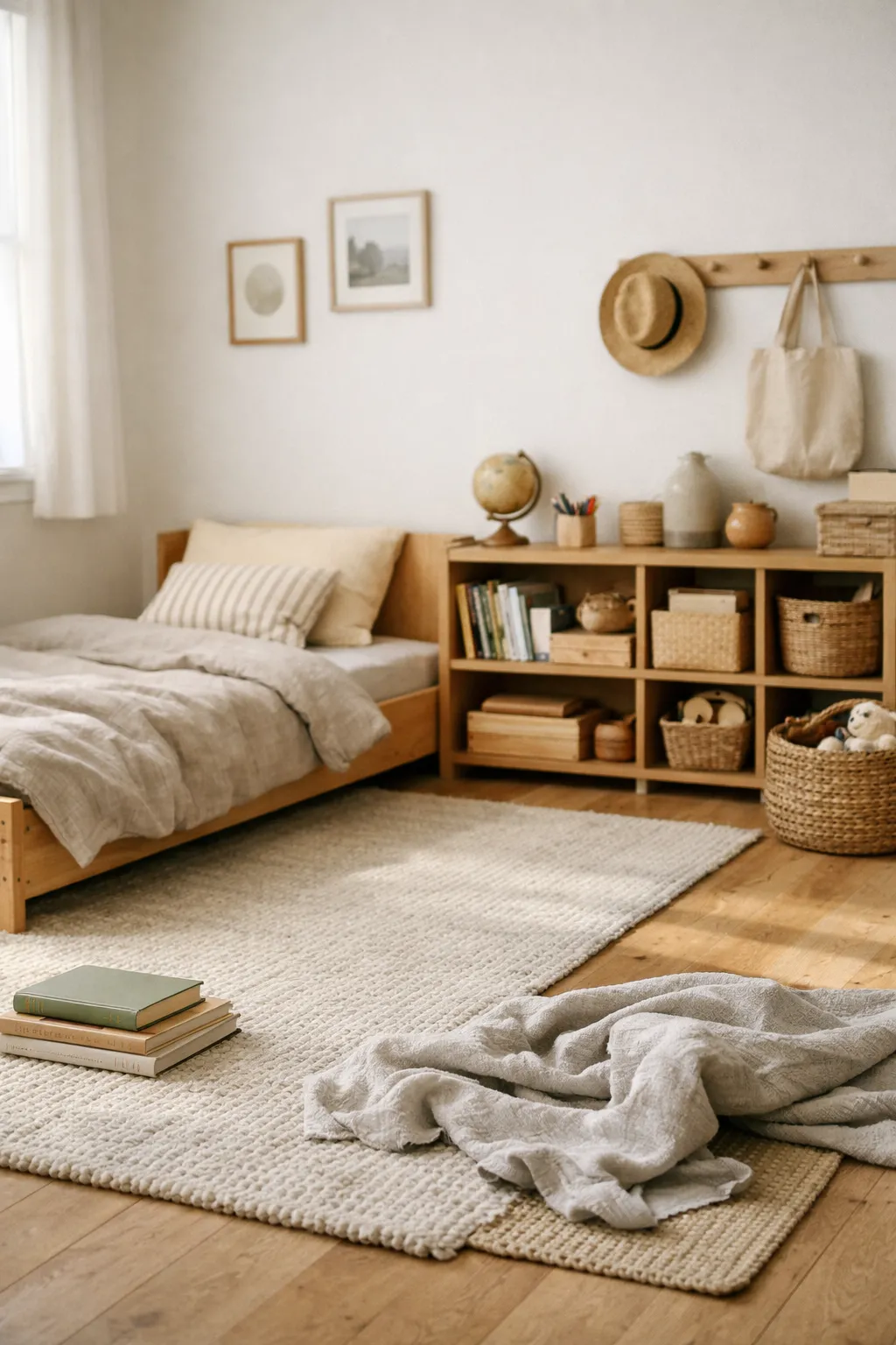 A flexible Montessori bedroom with adaptable furniture, child-height storage, and a calm timeless design.