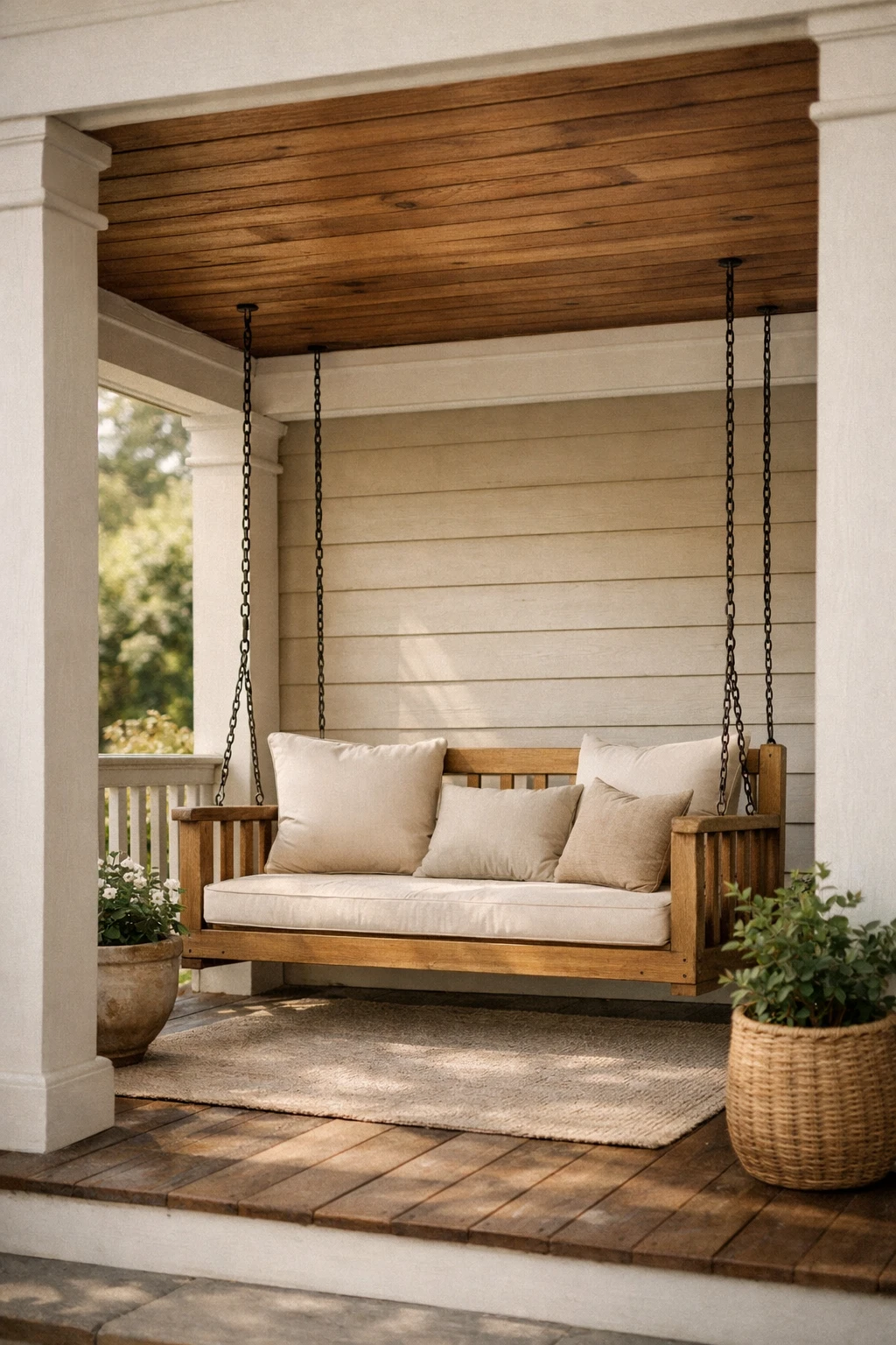 A front porch swing beneath a beadboard or wood statement ceiling with simple layered styling.