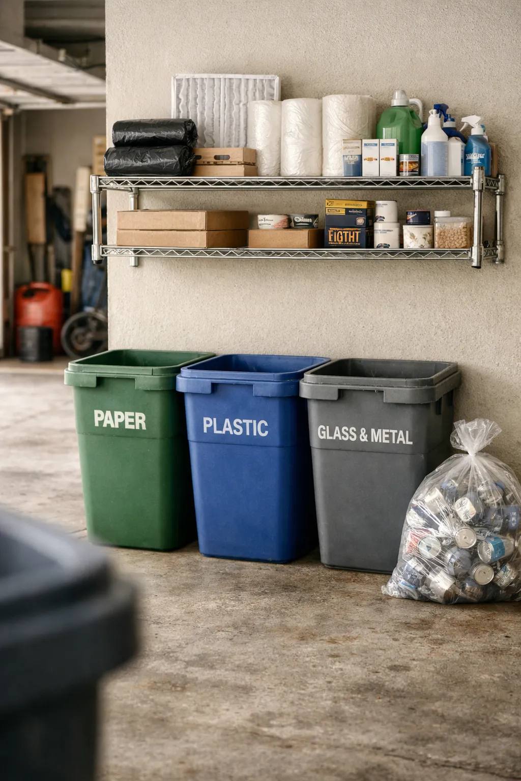 A neat garage recycling and utility station with bins, shelves, and household supplies.