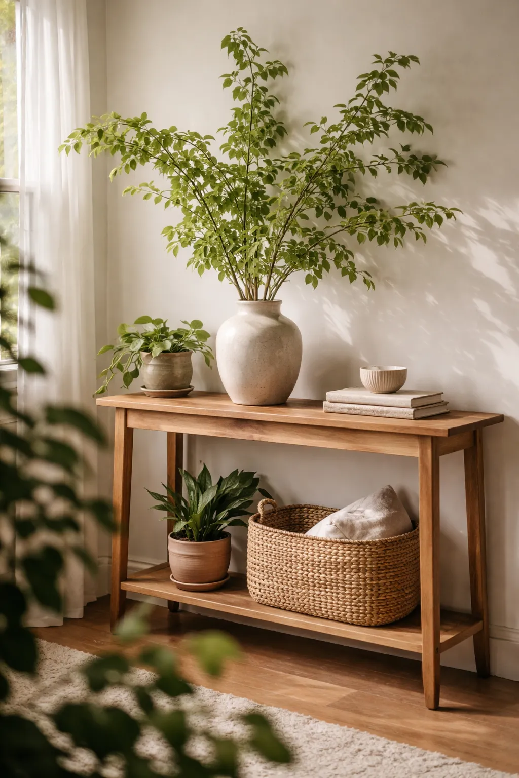 Console table styled with tall branches, potted plants, and woven basket accents.