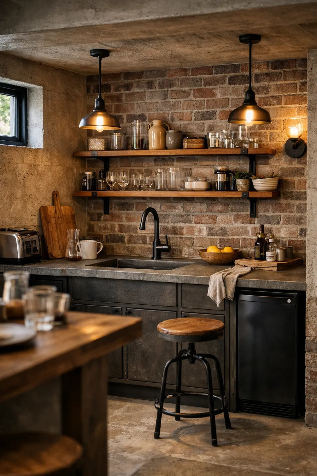 An industrial basement kitchenette with black metal, wood shelving, and textured surfaces.