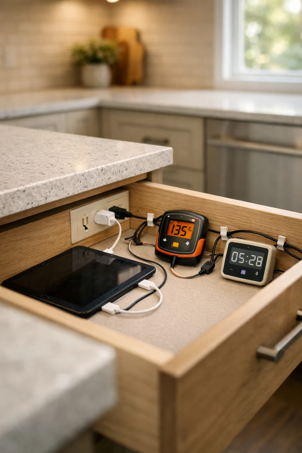 Kitchen drawer with hidden charging ports storing tablets and small devices.