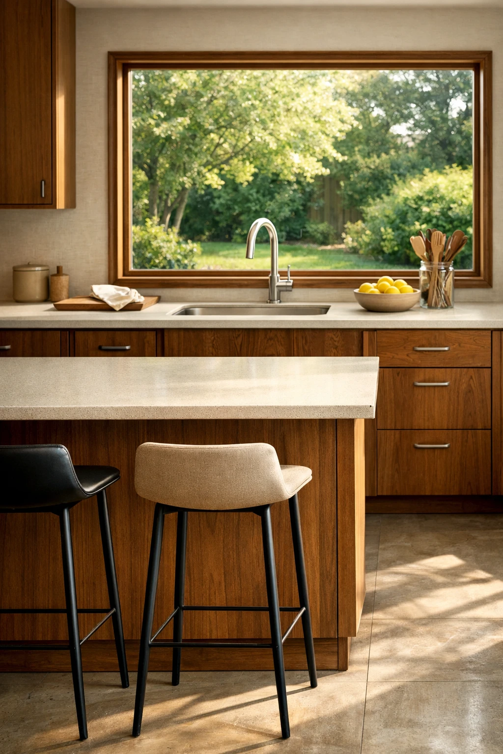 Mid century modern kitchen with large window bringing in natural daylight