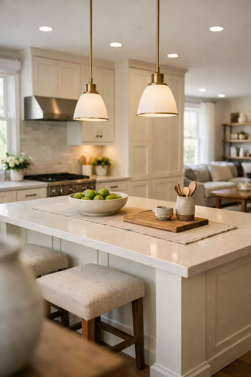 Combination of recessed lights and pendant lights above a large kitchen island
Caption: Layered lighting creates a balanced and polished kitchen design.
