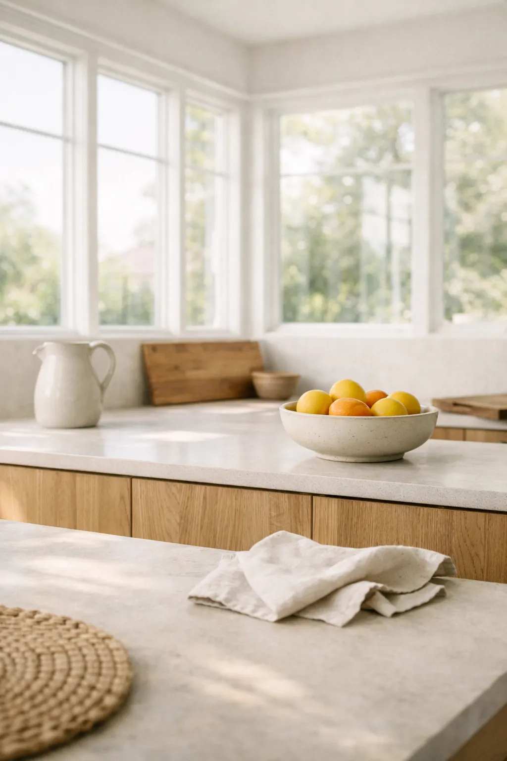 A bright minimally styled kitchen with large windows, soft neutral finishes, and simple natural decor.