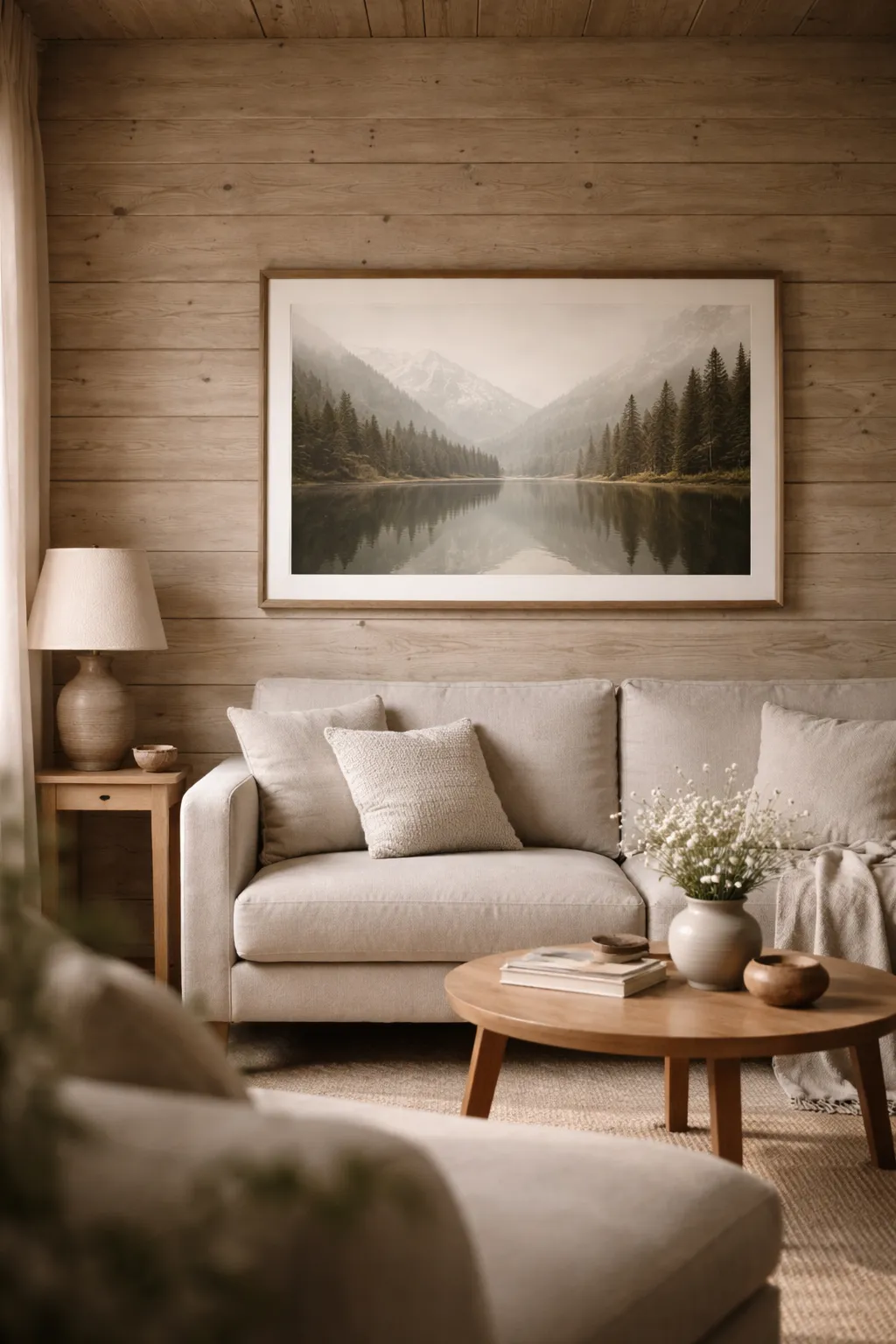 Small cabin living room with one large landscape art piece