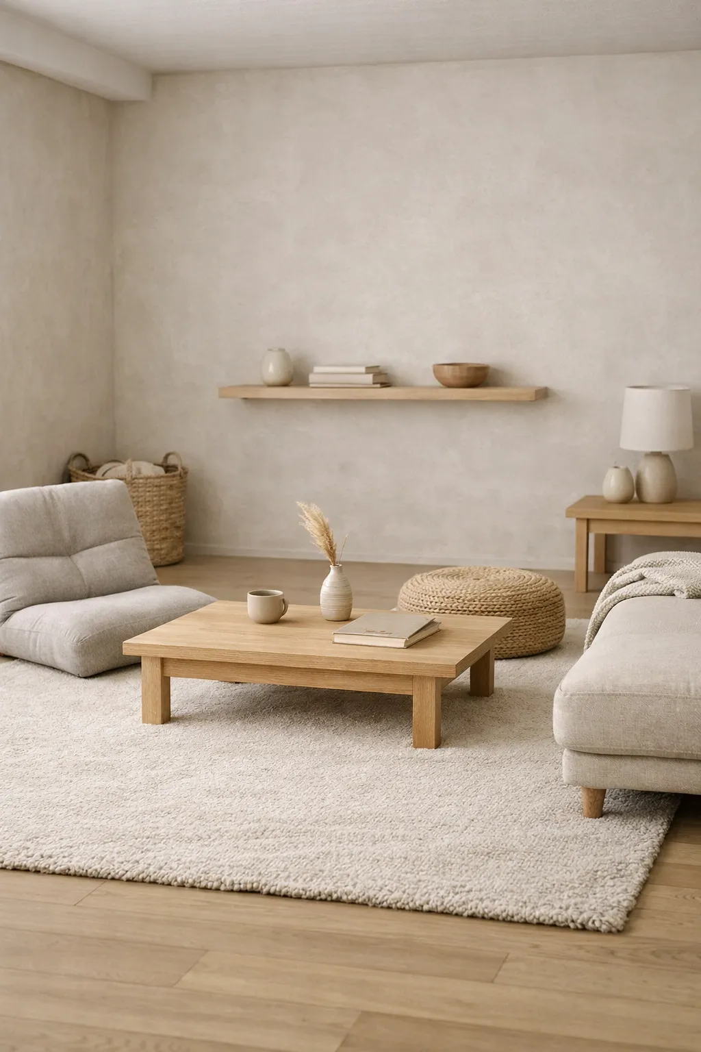 A minimalist Animal Crossing basement with neutral decor, simple furniture, and a clean open layout.