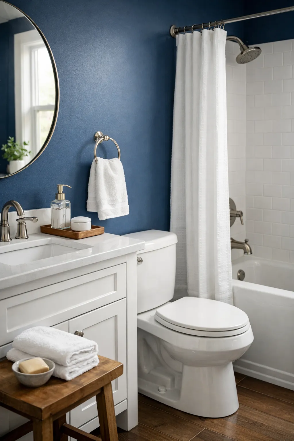 A moody blue bathroom with crisp white sink and tub creating strong clean contrast.