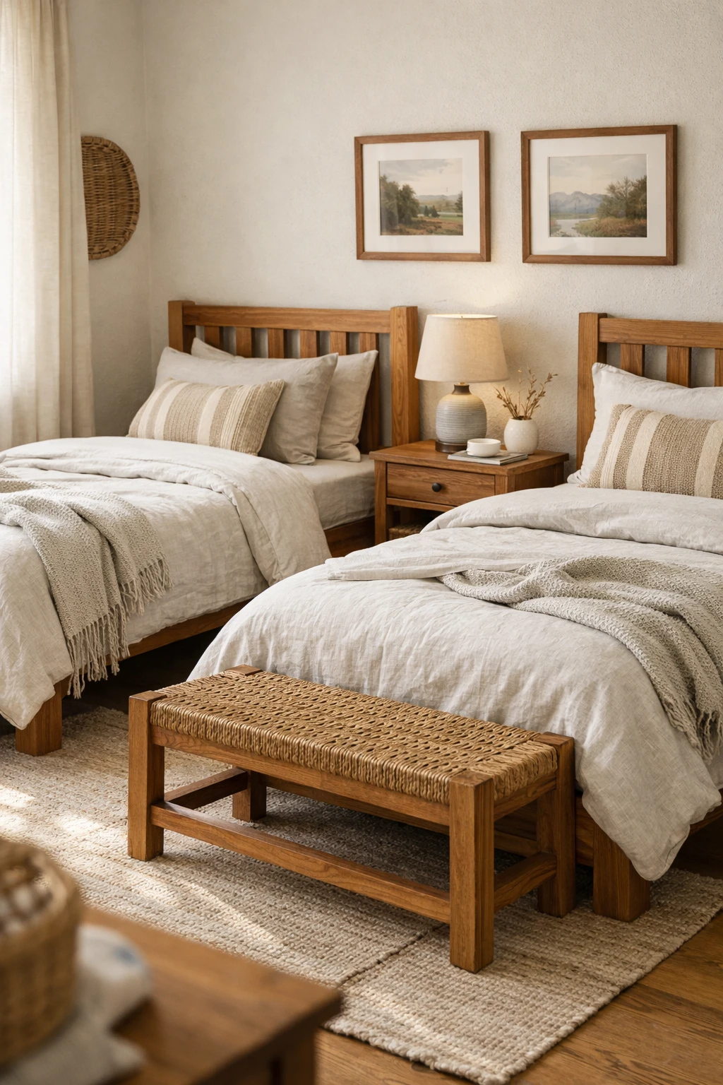 Natural wood furniture brings warmth and texture to a cozy twin bed guest room.