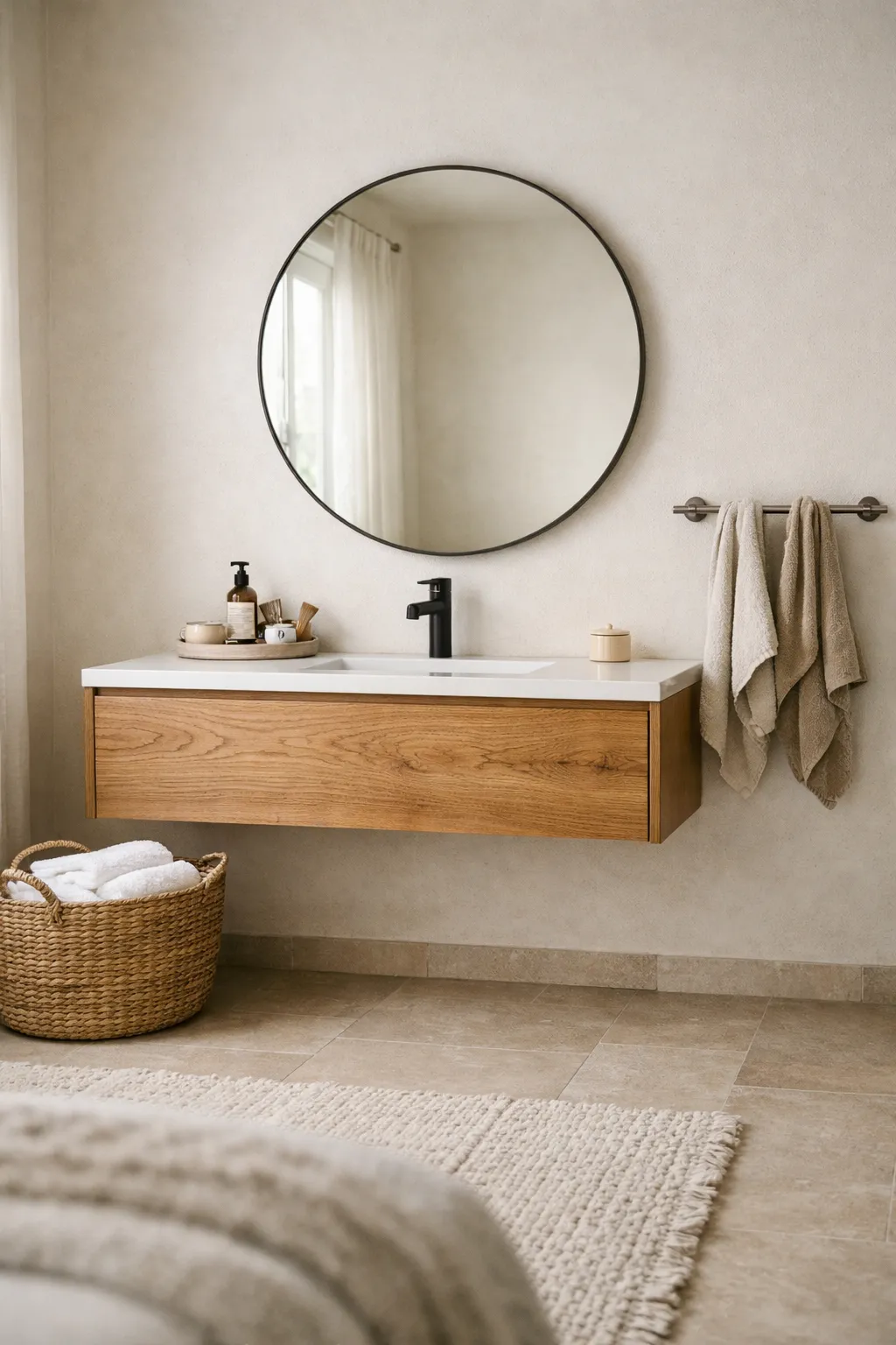 A modern bathroom with natural materials and neutral colors.