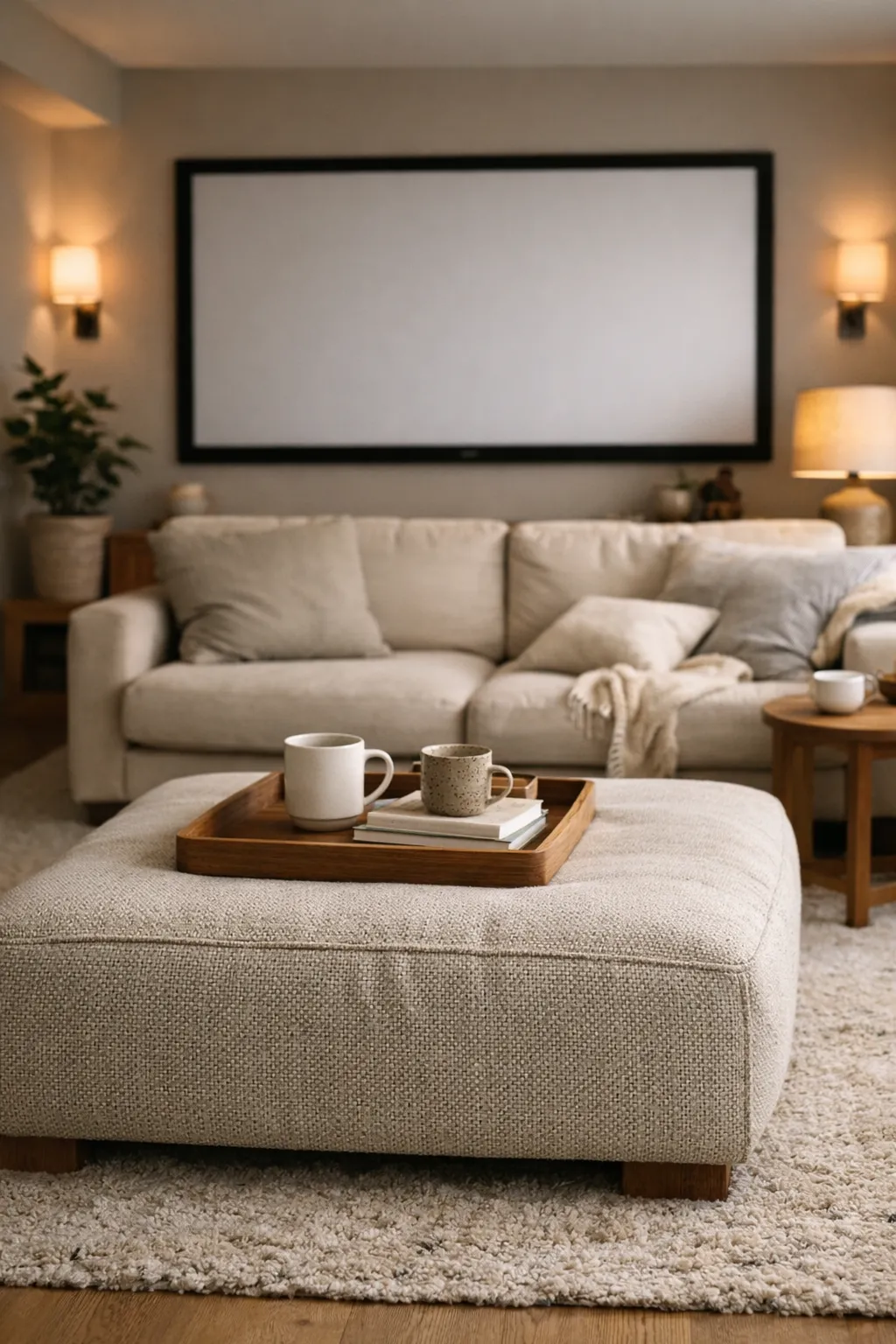 A basement theater with a large upholstered ottoman and soft lounge seating.
