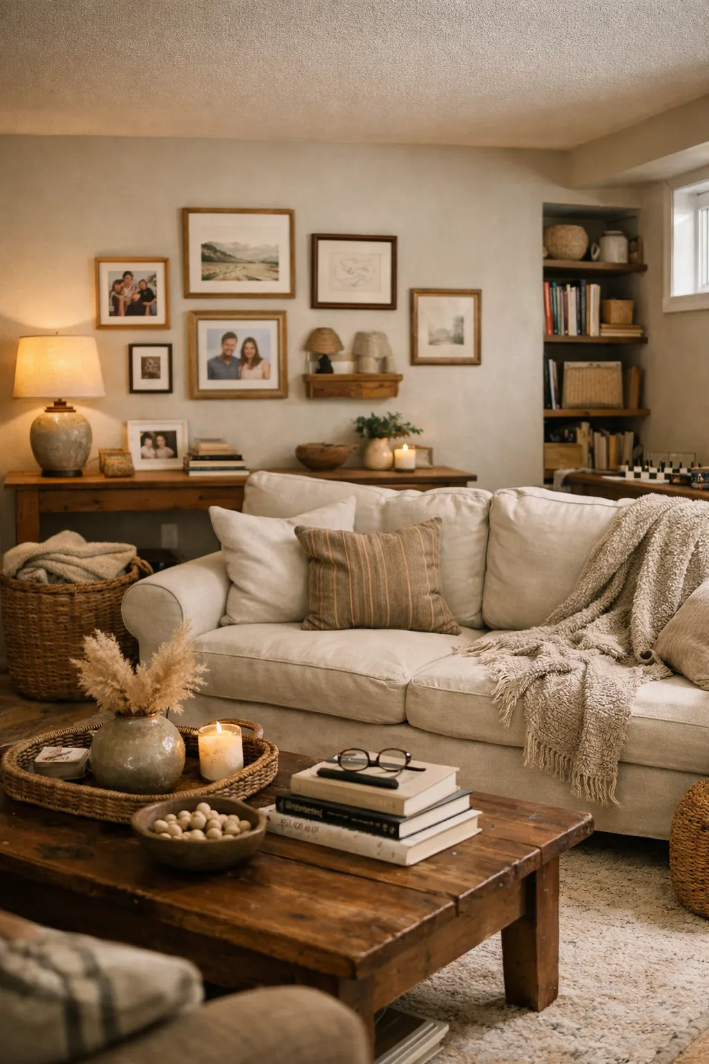 A cozy basement family room with framed art, family photos, books, and soft decor accents.