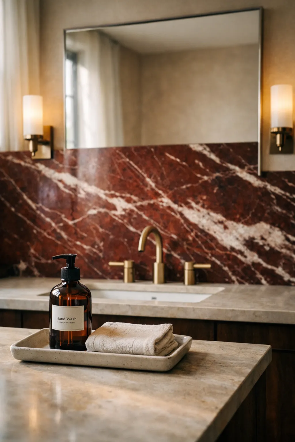Bathroom vanity area with a large red marble wall panel behind the mirror.