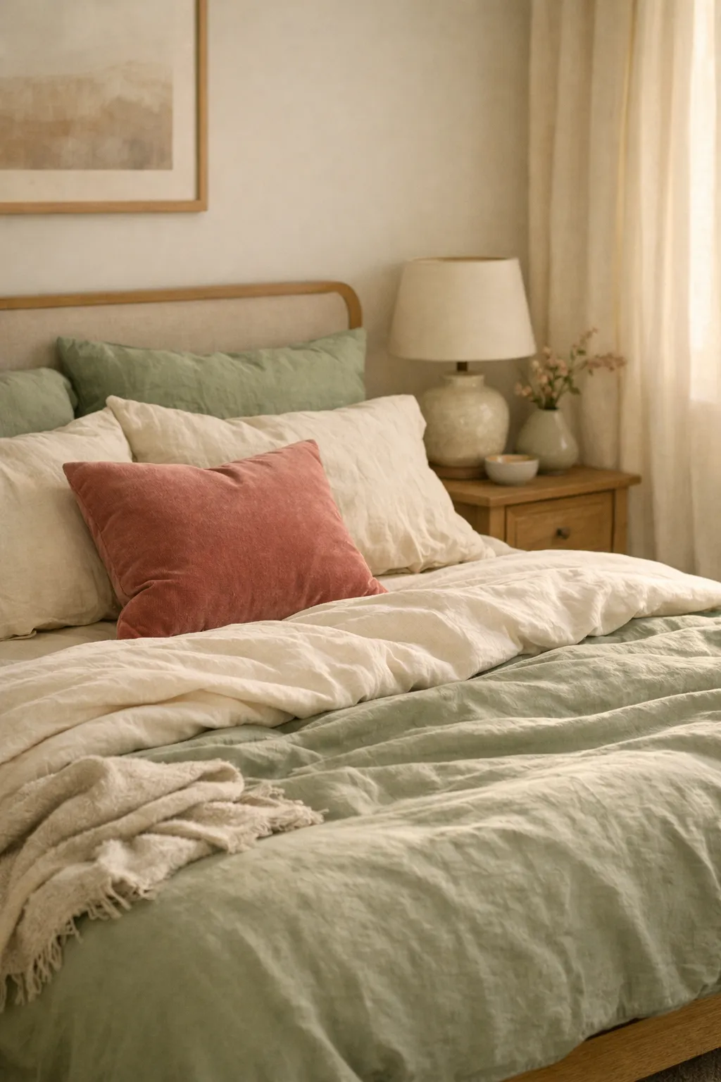 A soft bedroom with sage green decor, muted pink accents, and warm natural daylight.