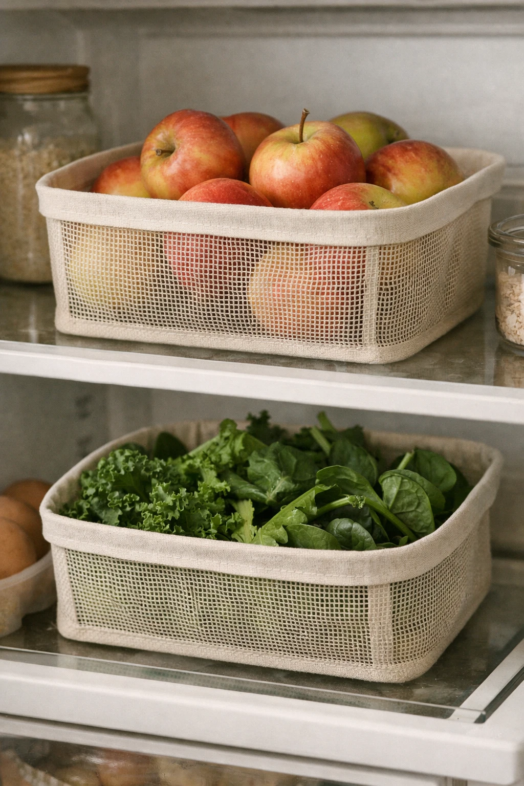 Refrigerator shelf with breathable bins holding fruits and vegetables