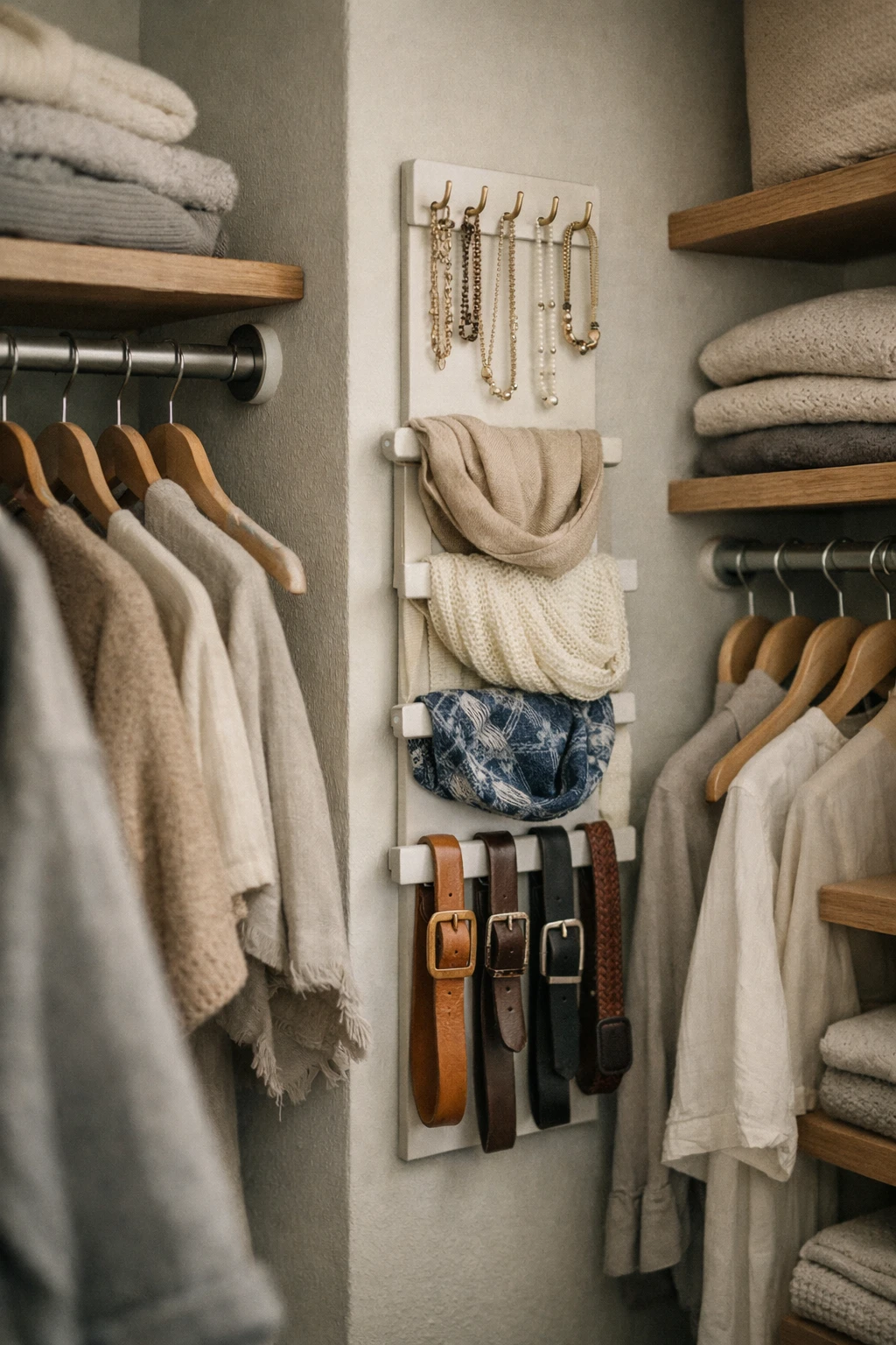 small corner closet with a vertical accessory organizer for belts, scarves, and jewelry.