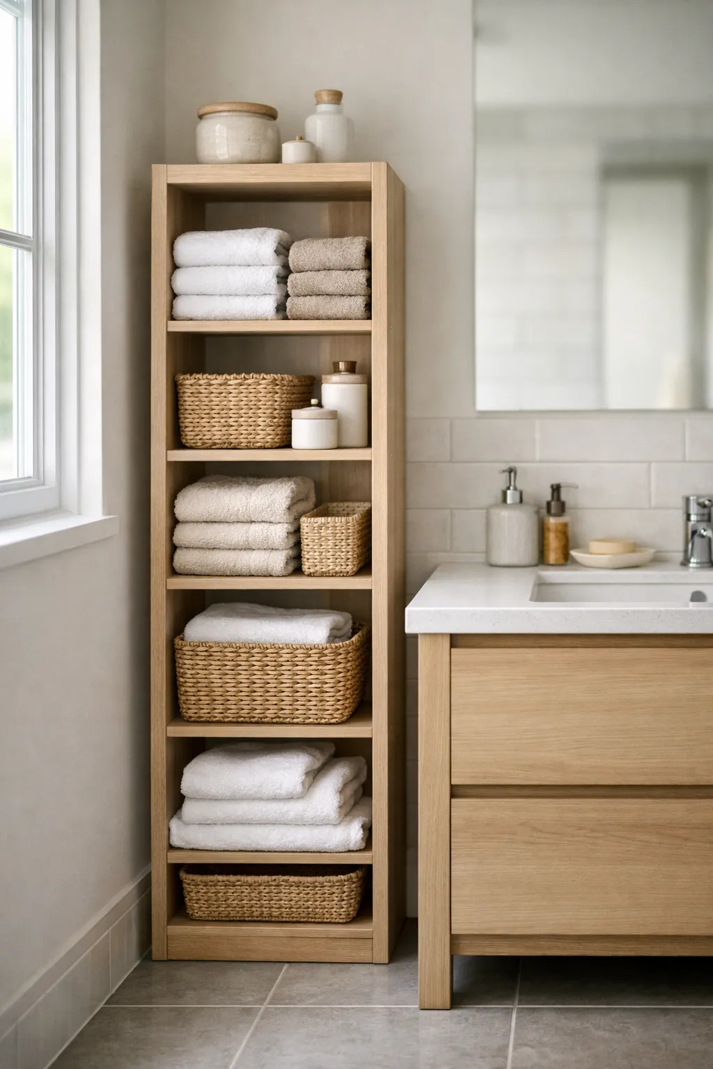 Tall narrow bathroom storage tower with shelves holding towels and baskets.