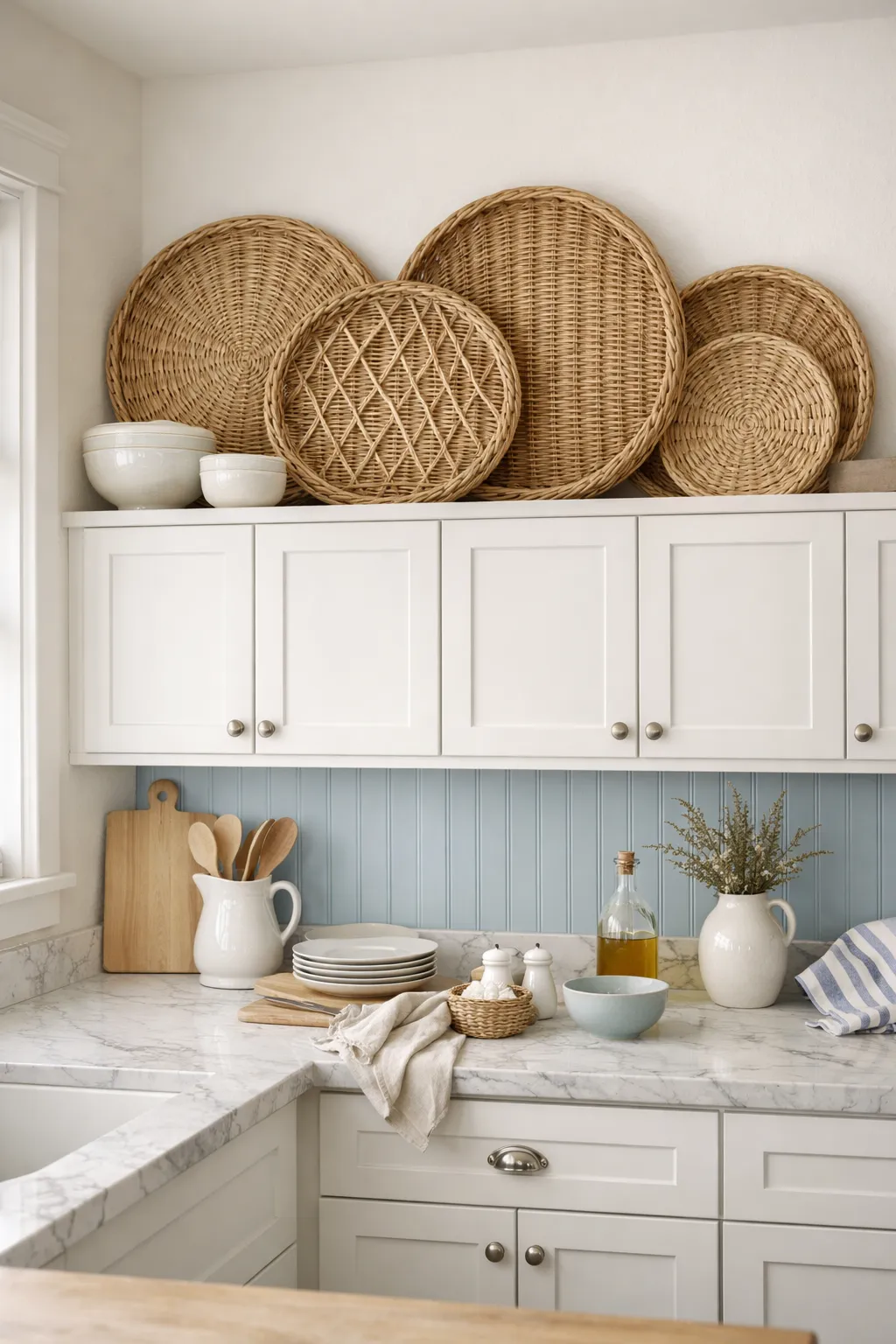 Large wicker trays leaning above kitchen cabinets in a coastal kitchen.