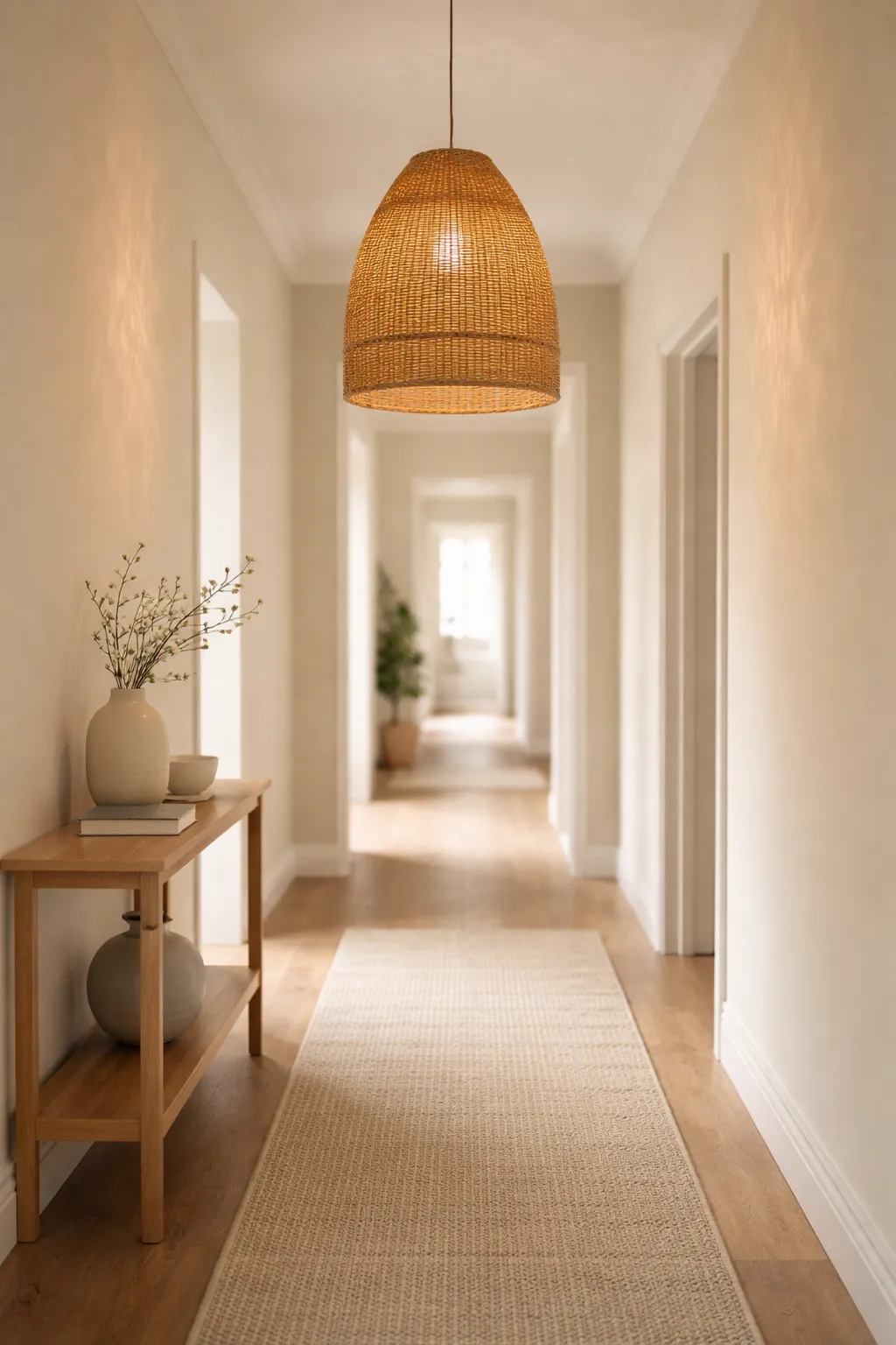Woven pendant light hanging in a tall bohemian hallway.