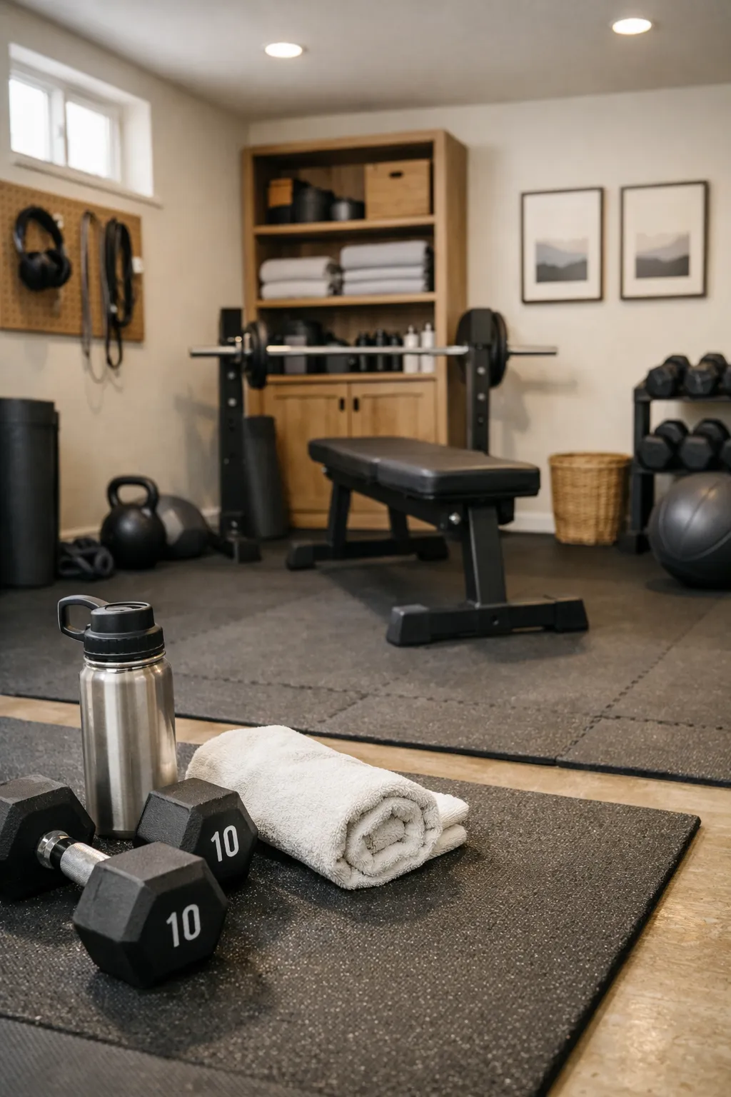 An Animal Crossing basement gym with workout equipment, benches, and a clean practical layout.