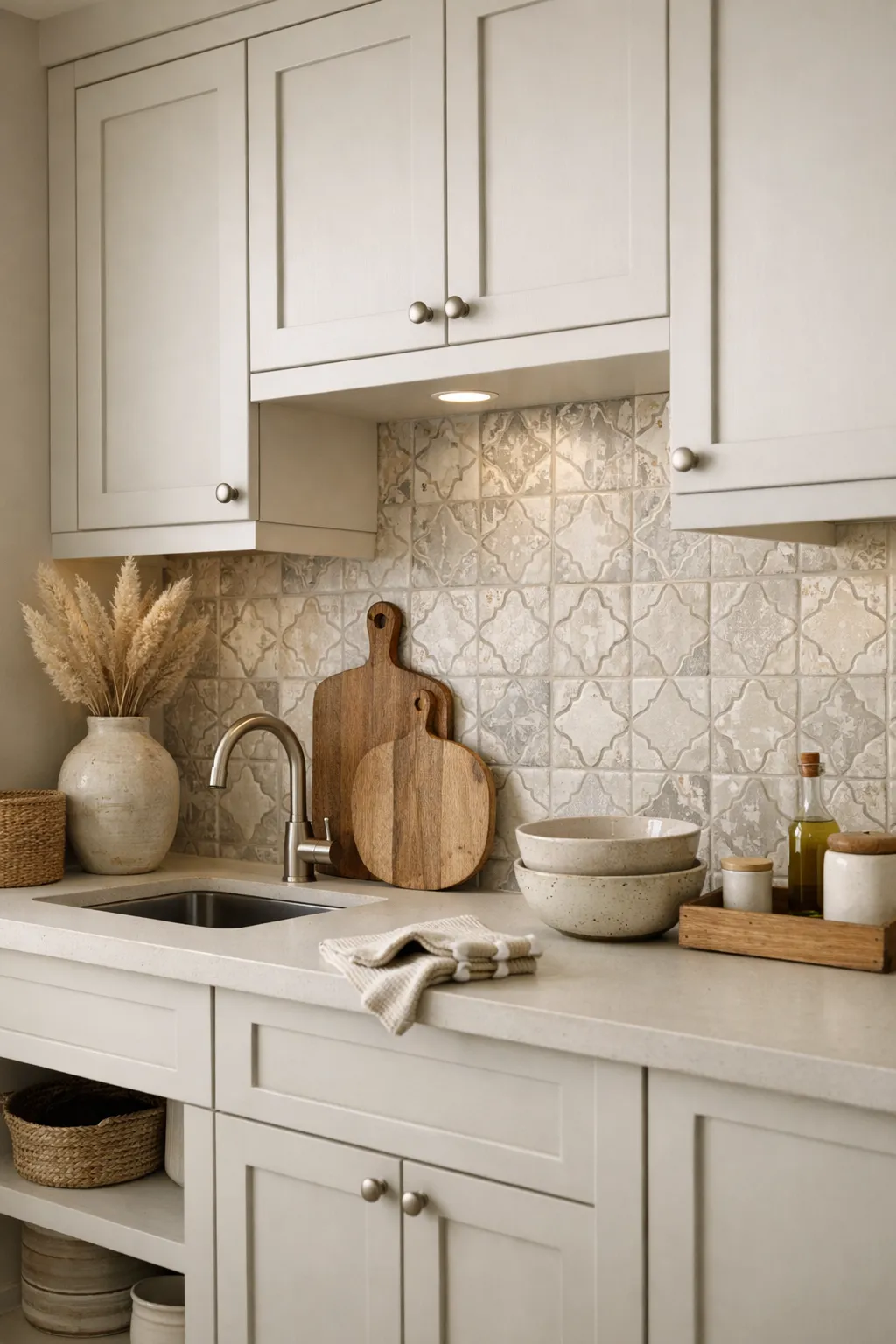 A basement kitchenette with a bold backsplash and simple cabinetry for balance.