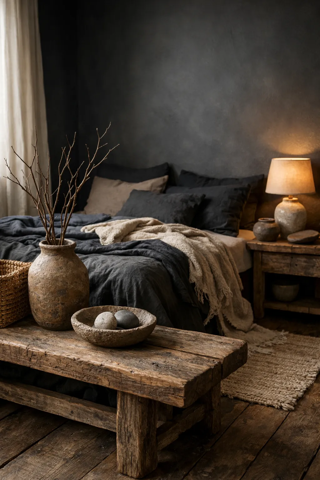 A black bedroom with natural decor like branches, woven baskets, and ceramic accents.