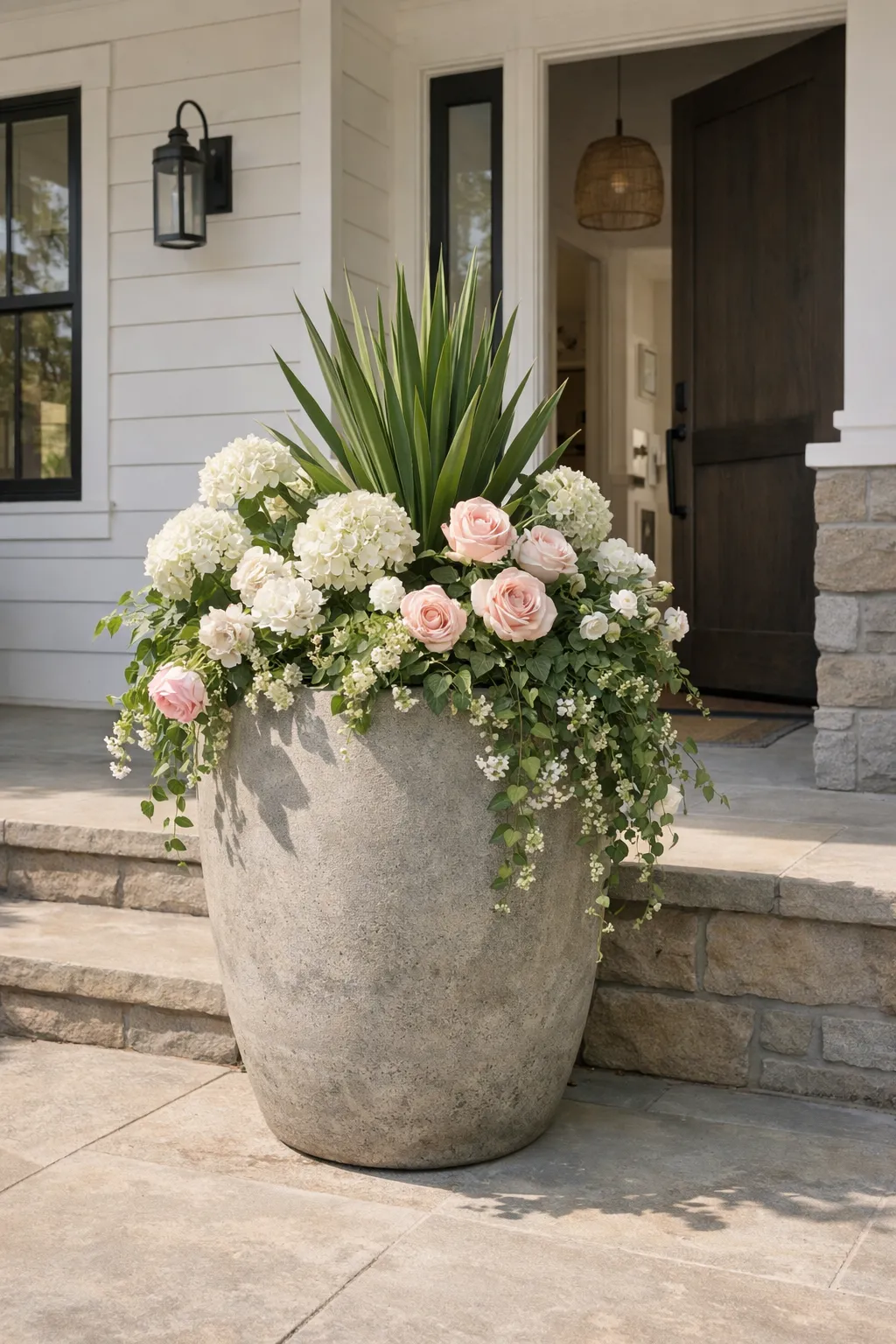 One large statement flower planter creates a focal point on a front porch.