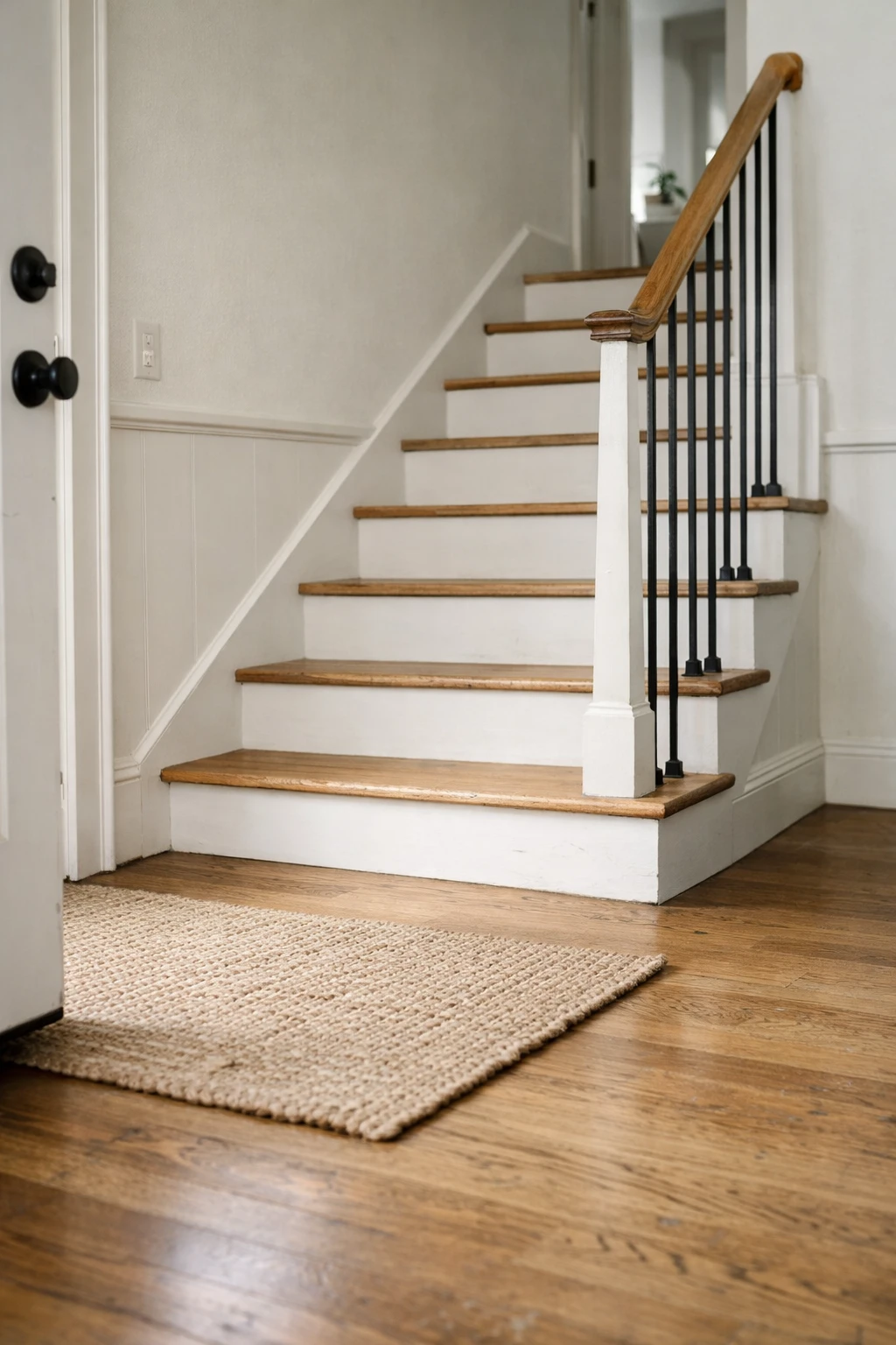 A narrow entry with stairs showing a clean and uncluttered base of the staircase.