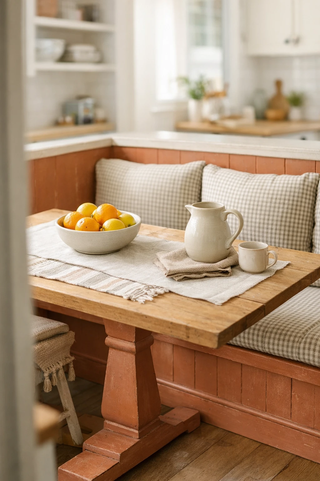A colorful kitchen banquette with muted painted cabinetry and patterned cushions in a cozy breakfast nook.