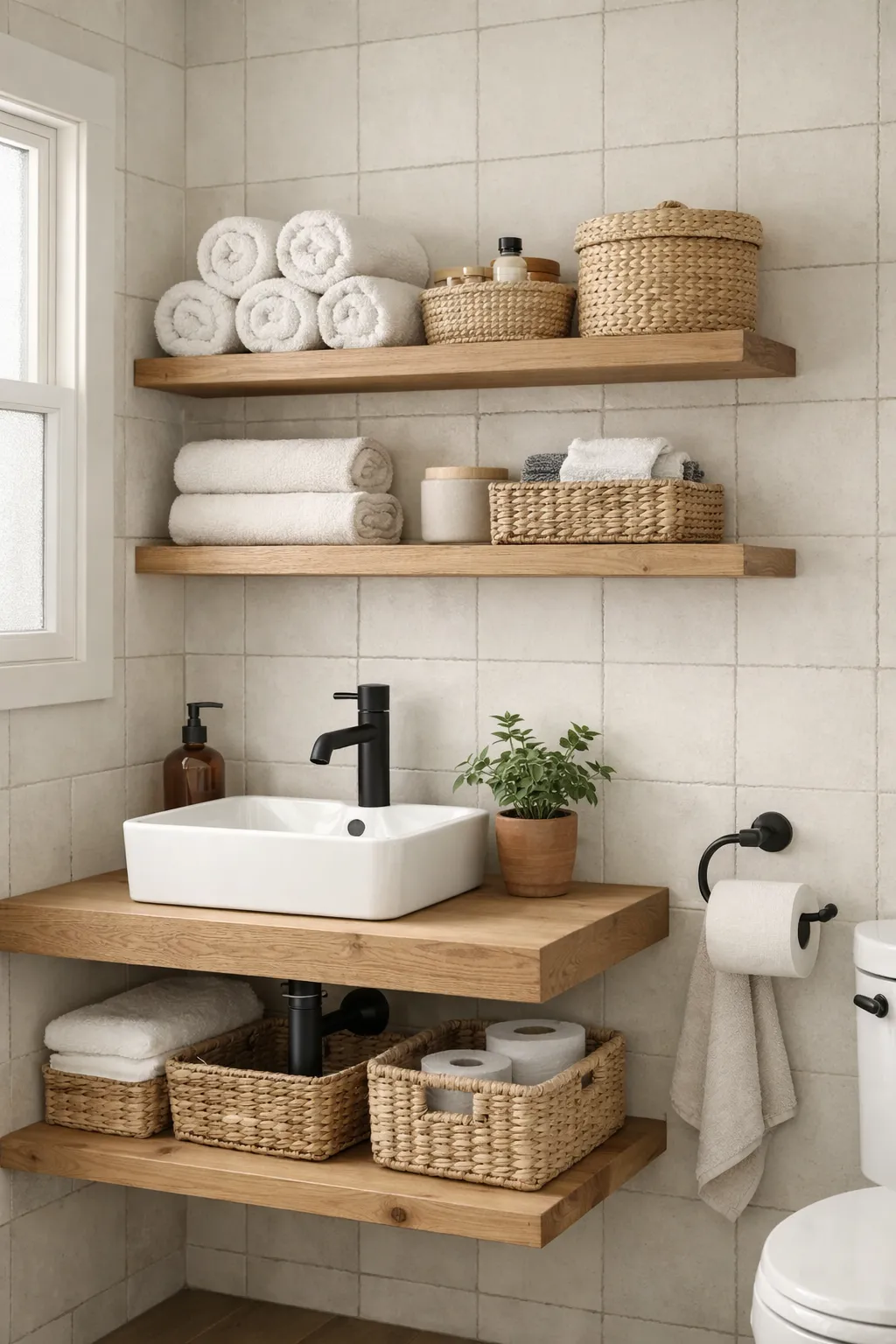 Small cabin bathroom with light tile and wooden shelving