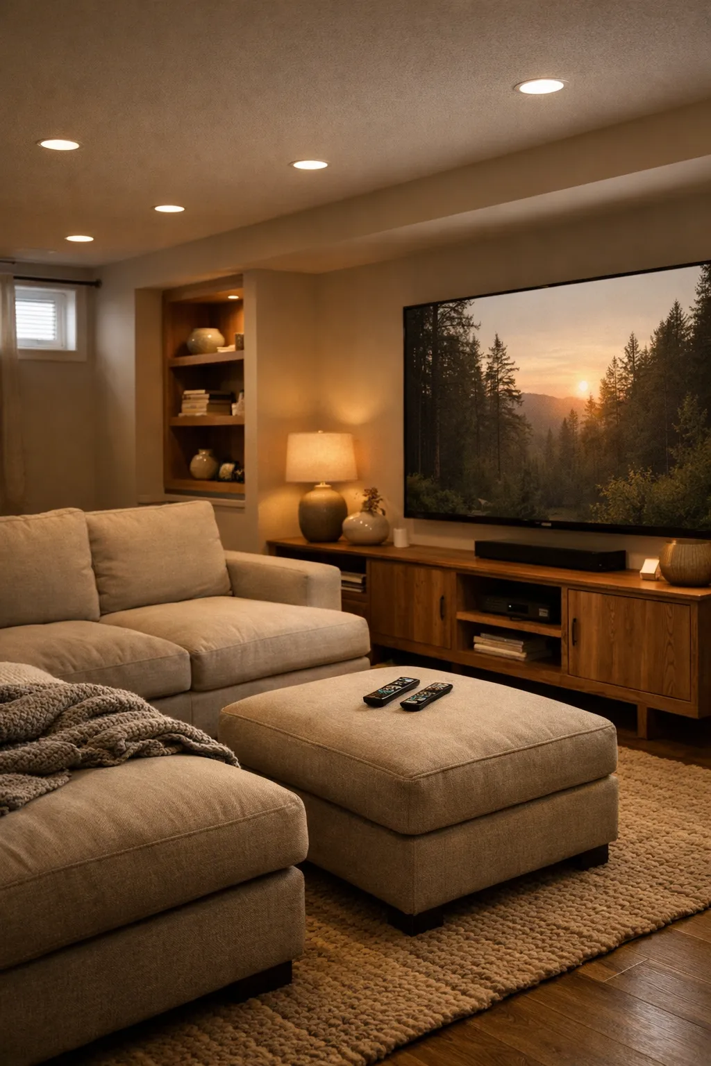 A basement home theater with dimmable recessed lights and a soft cinematic mood.